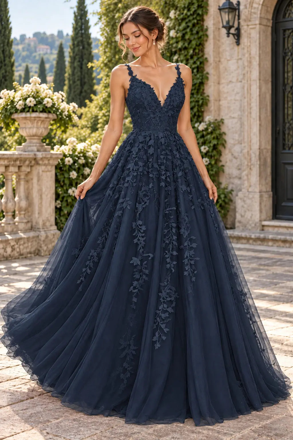 A-Line Lace Prom Dresses Long V Neck Sleeveless Formal Maxi Dress
