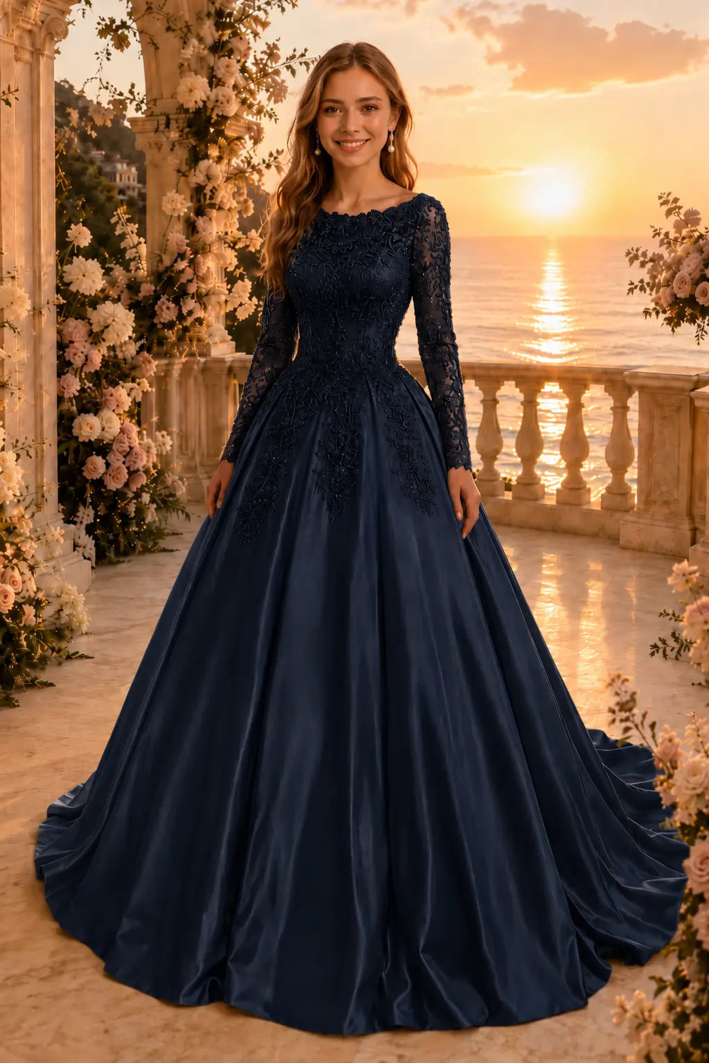 Ball Gown Long Sleeves Off-the-Shoulder Chapel Train Applique Satin Prom Dresses Kaidress
