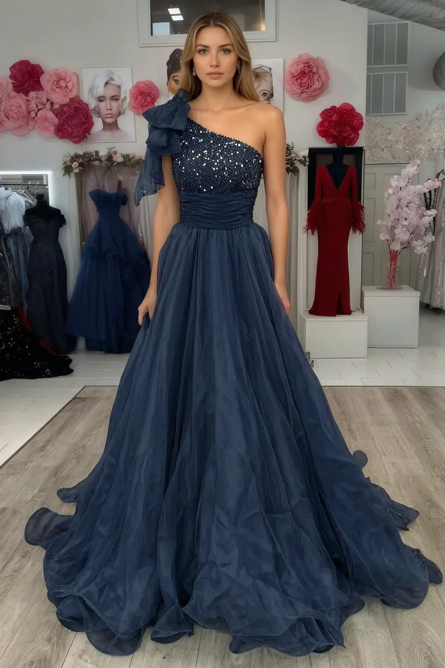 A Line Sparkly Sky Blue One Shoulder Long Prom Dress with Beading KAIDRESS