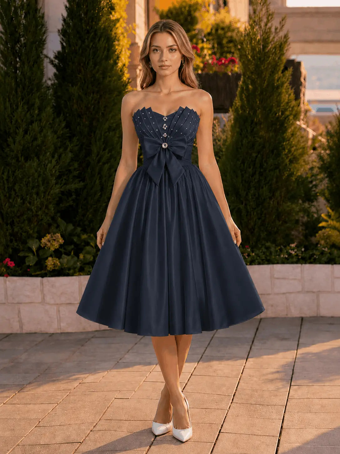 A-line Sweetheart Sleeveless Knee-Length Satin Homecoming Dress with Bow KAIDRESS