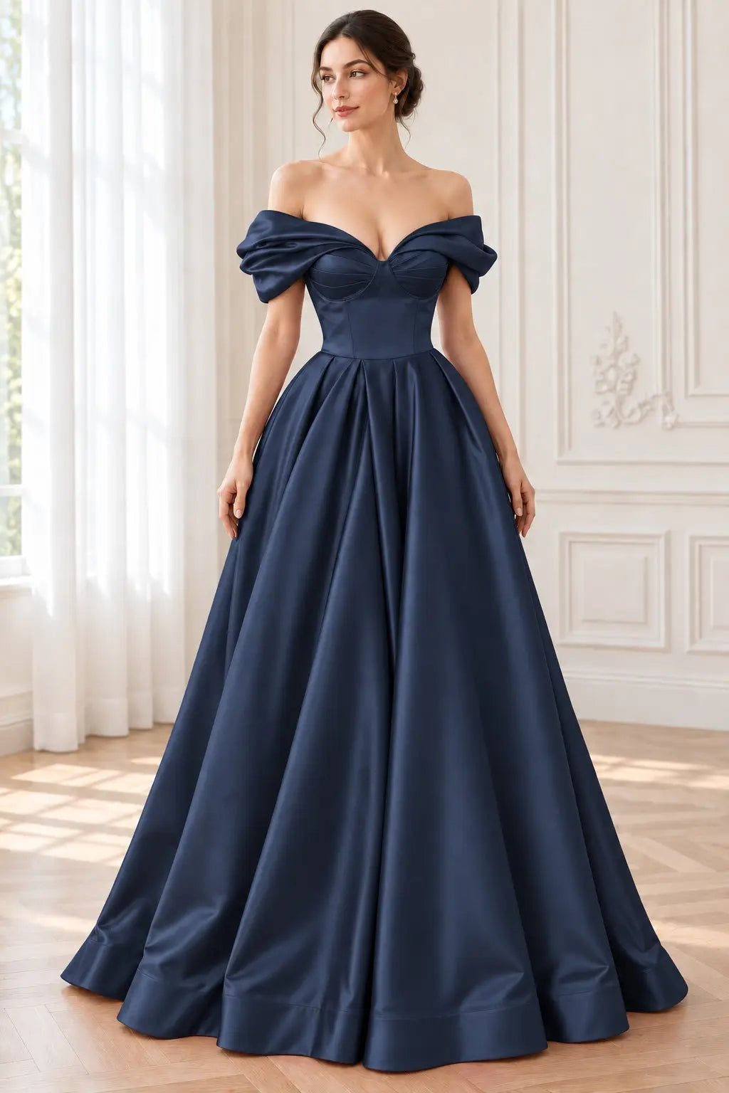 A-line Off-the-Shoulder Short Sleeve Satin Long/Floor-Length Prom Dresses With Ruffles Split