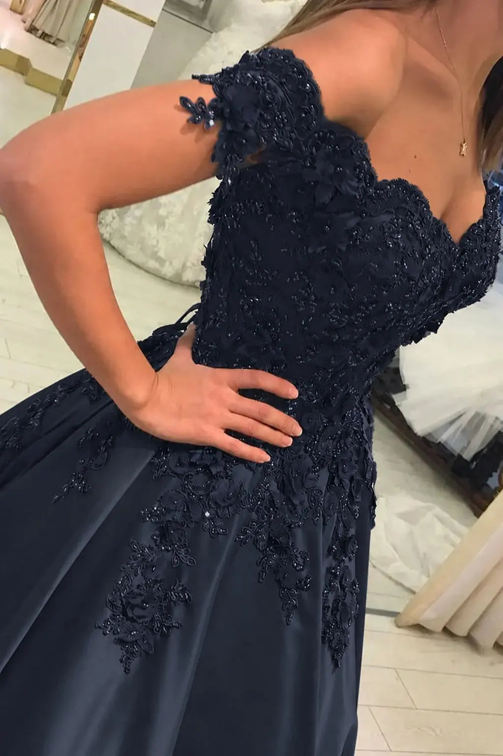 Appliqued Off-The-Shoulder Satin Princess Prom Dress With Beads