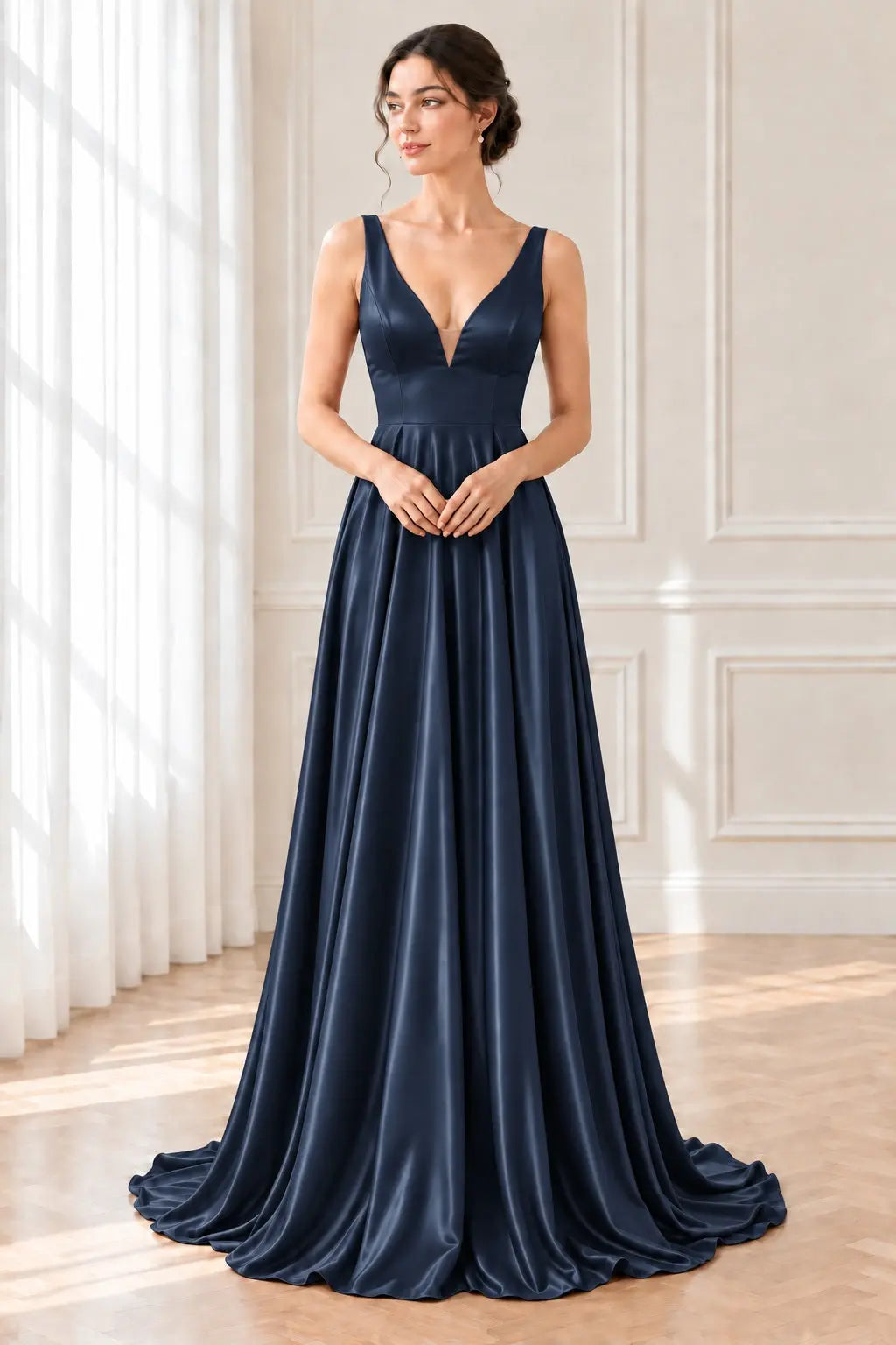 A-line/Princess V Neck Sleeveless Sweep Train Charmeuse Prom Dresses