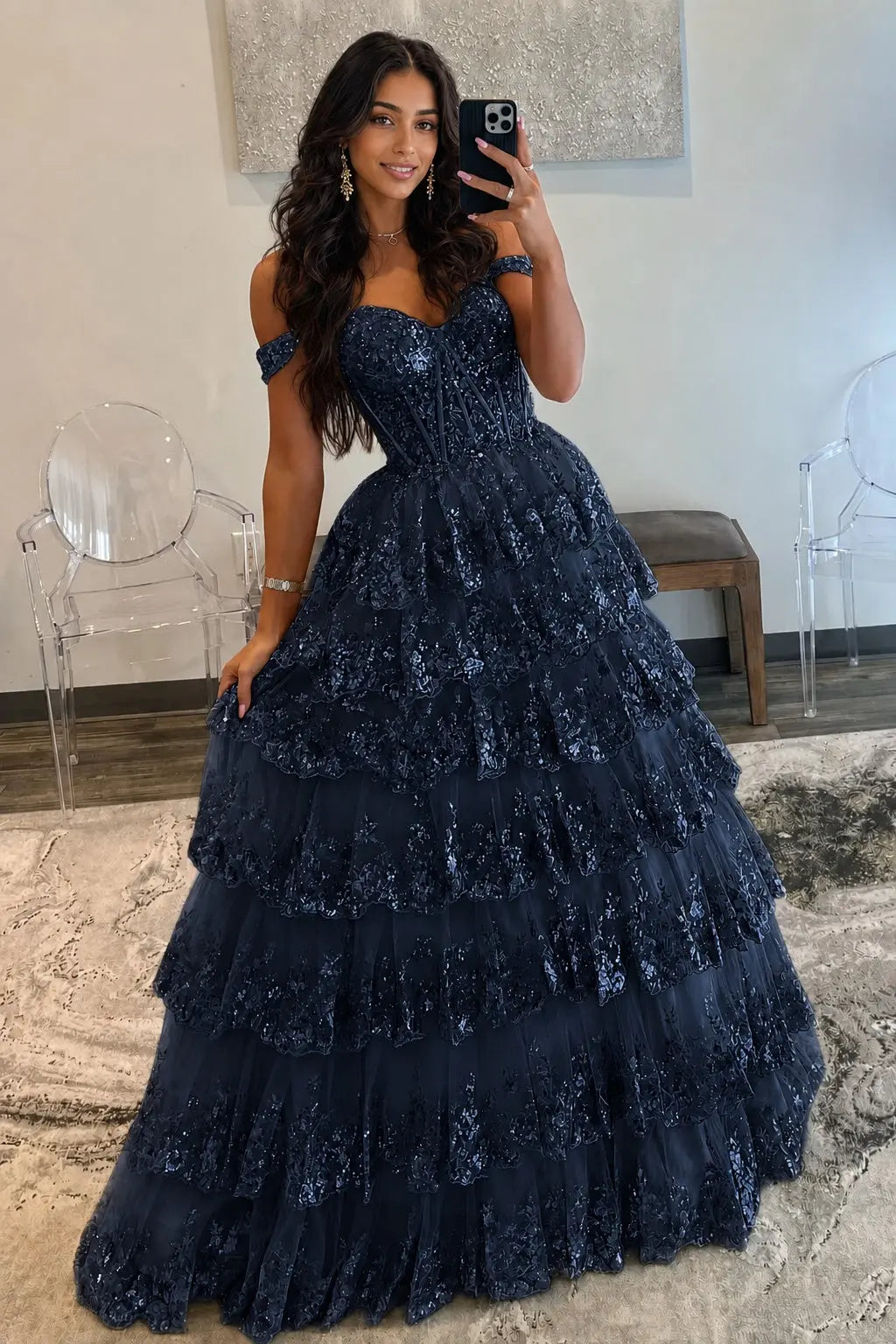 A-Line/Princess Princess Off the Shoulder Sequined Lace Prom Dress KAIDRESS