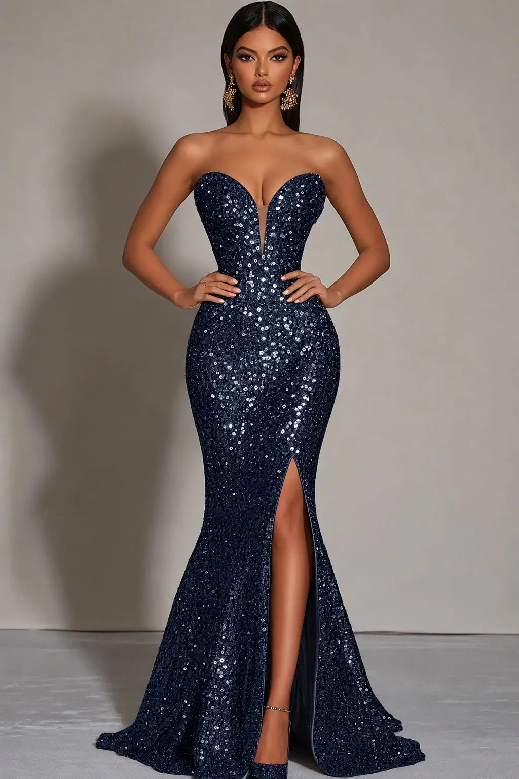 Sparkly Gold Sequins Mermaid Strapless Long Formal Dress with Slit Kaidress