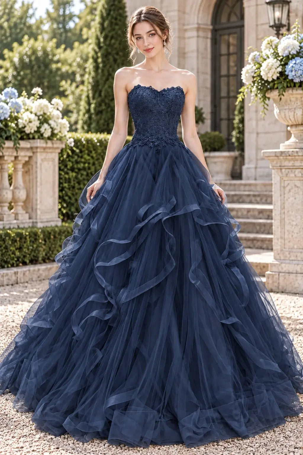 Blue Tulle Lace Long Prom Dresses Princess Layered Formal Evening Gowns
