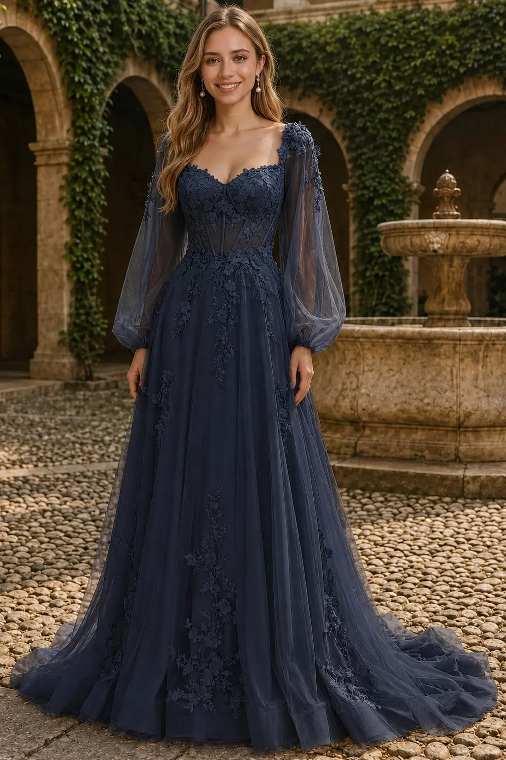 A-line 3D Floral Lace Applique Tulle Long Sleeves Prom Dress