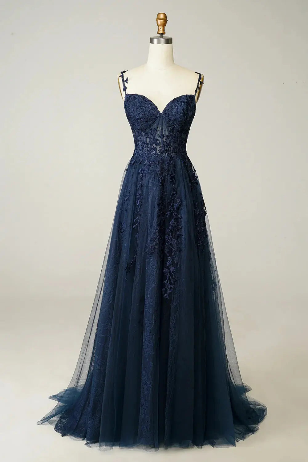 A-line V Neck Sweep Spaghetti Straps Train Tulle Prom Dress with Appliqued Beading