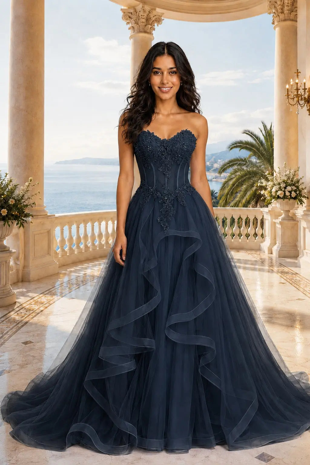 A-line/Princess Sweetheart Sleeveless Sweep Train Tulle Prom Dresses With Beading Appliqued KAIDRESS