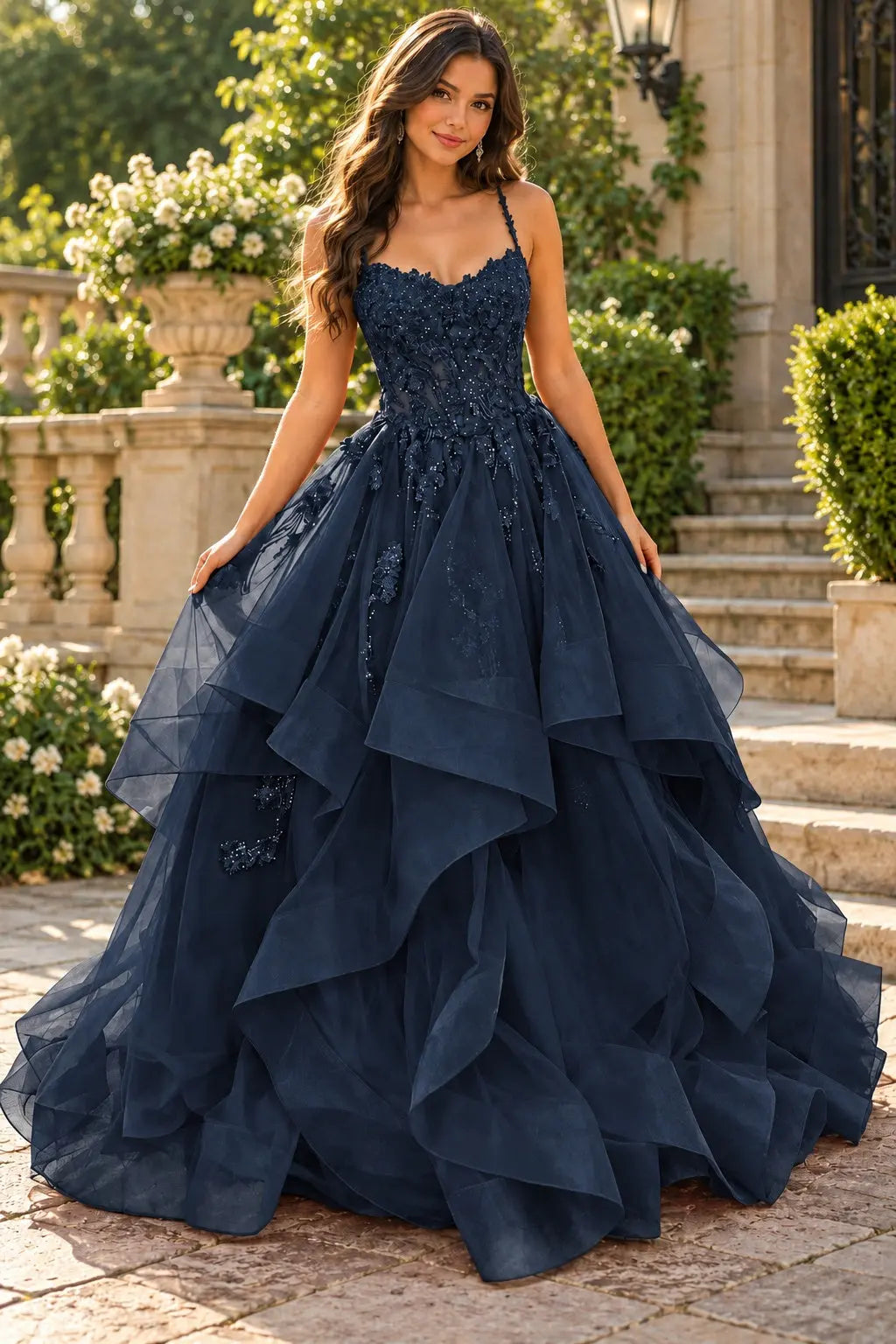 A-line Princess V Neck Floor-Length Tulle Prom Dresses with Appliqued