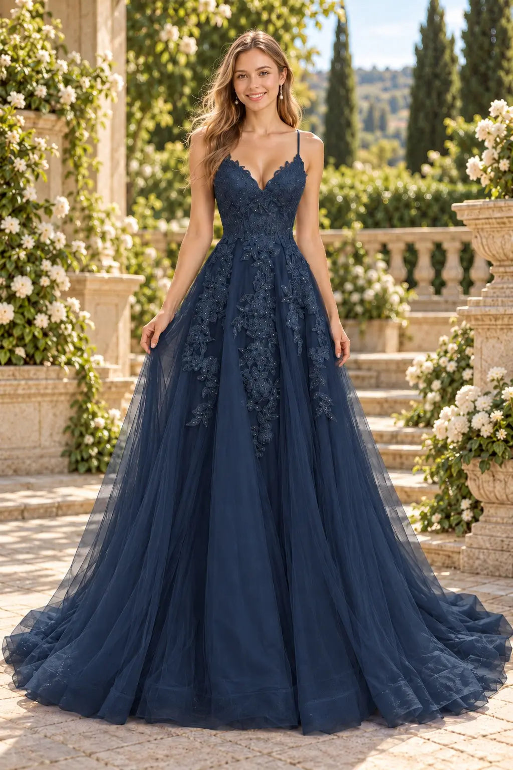A-line V Neck Spaghetti Straps Sweep Train Tulle Prom Dress With Appliqued