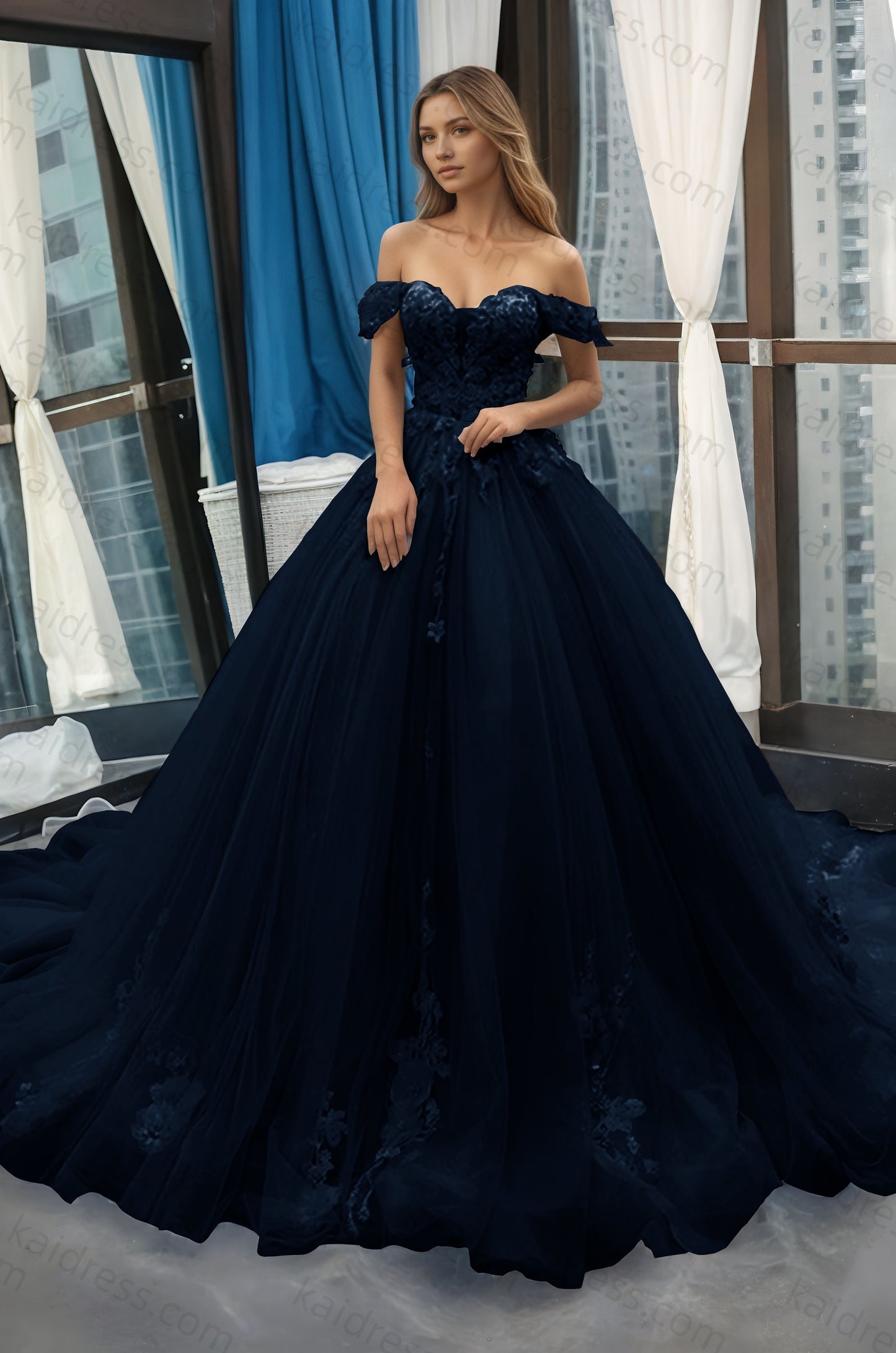 A-Line Off the Shoulder Tulle Applique Long Quinceañera Dresses Blue Formal Prom Dress