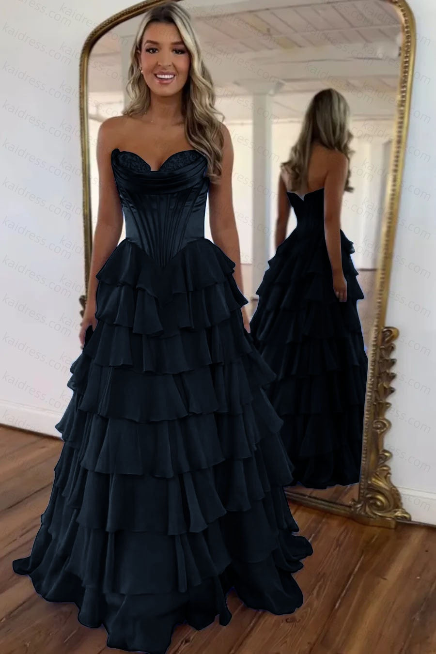 A Line Blue Sweetheart Chiffon Ruffled Long Corset Prom Dress with Slit