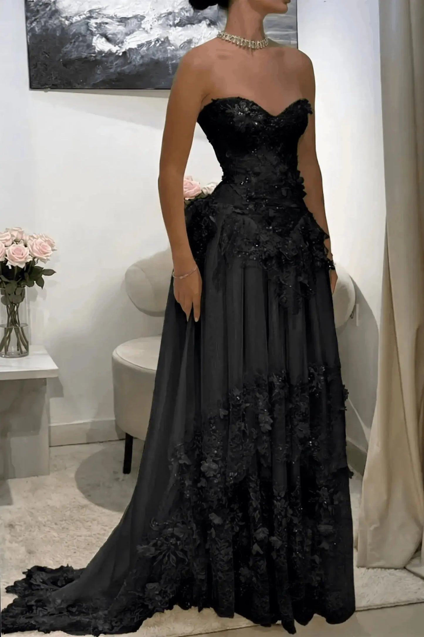 Dreamy Yellow 3D Floral Applique Sweetheart Corset Prom Dress KAIDRESS