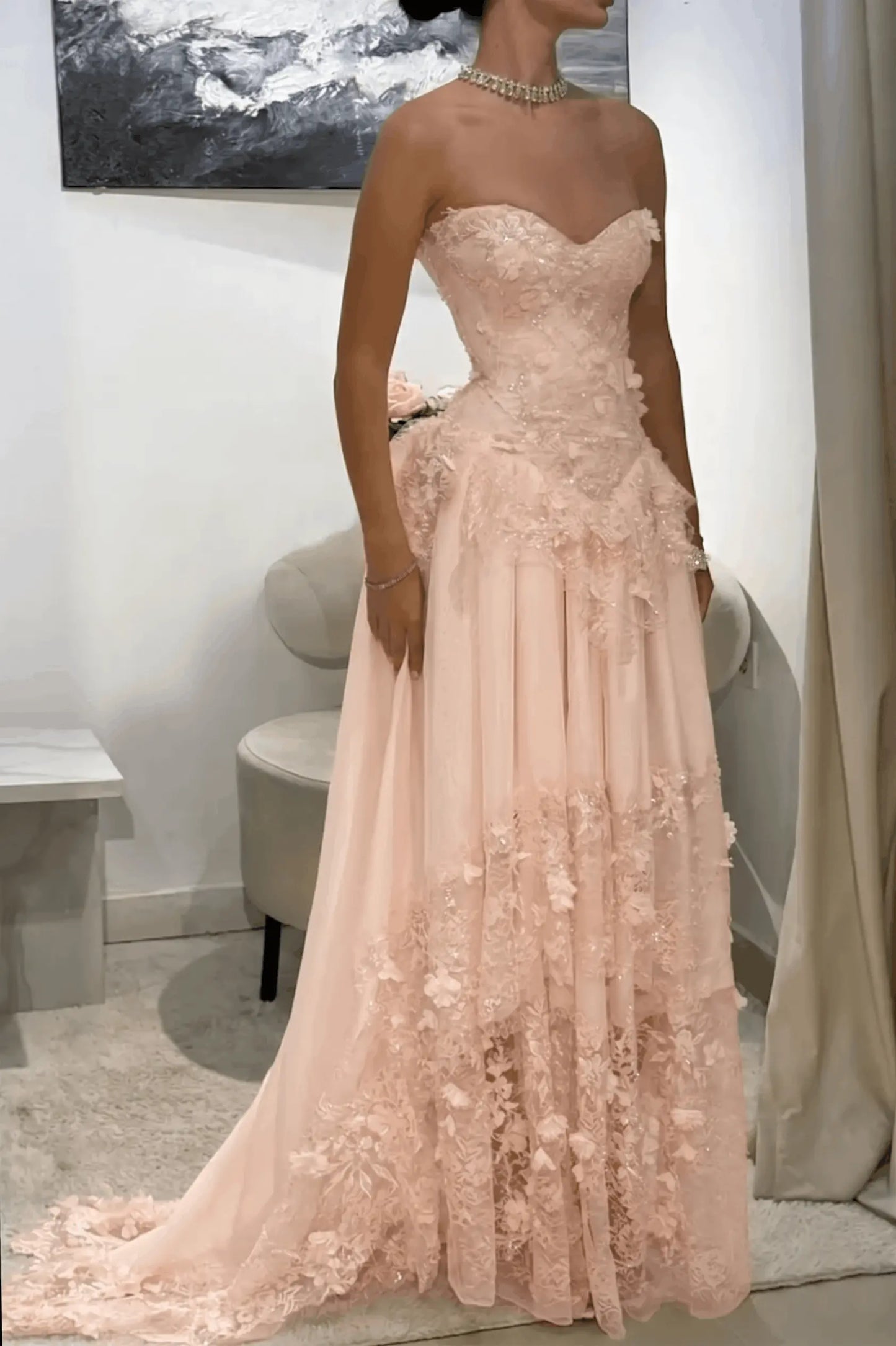 Dreamy Yellow 3D Floral Applique Sweetheart Corset Prom Dress KAIDRESS