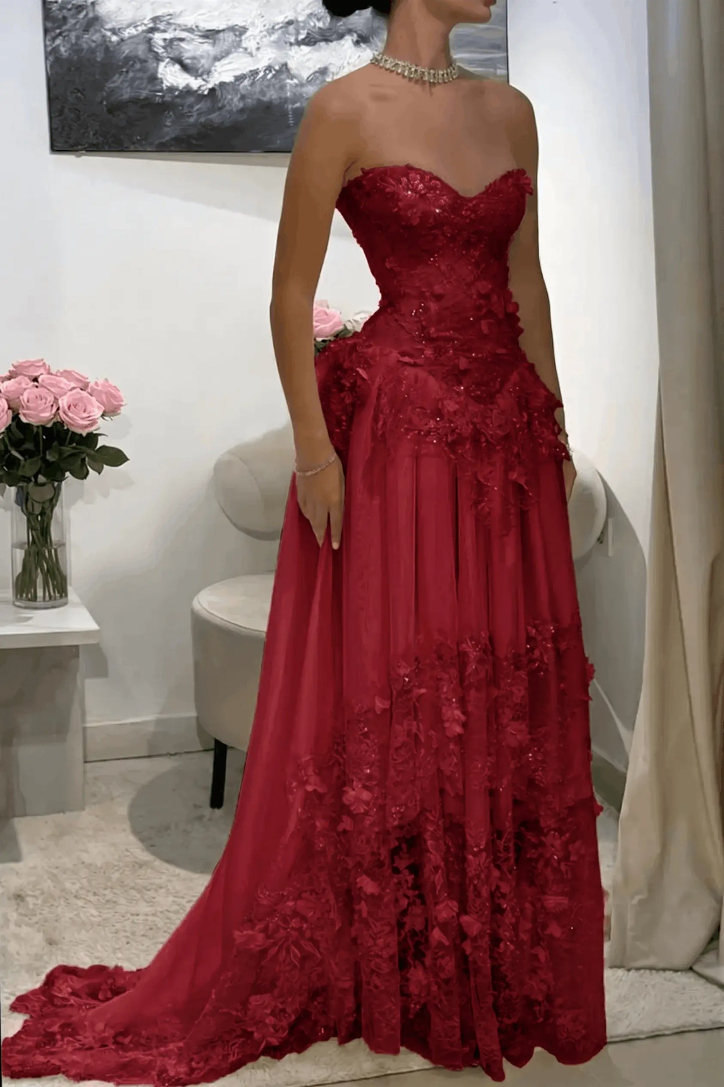 Dreamy Yellow 3D Floral Applique Sweetheart Corset Prom Dress KAIDRESS