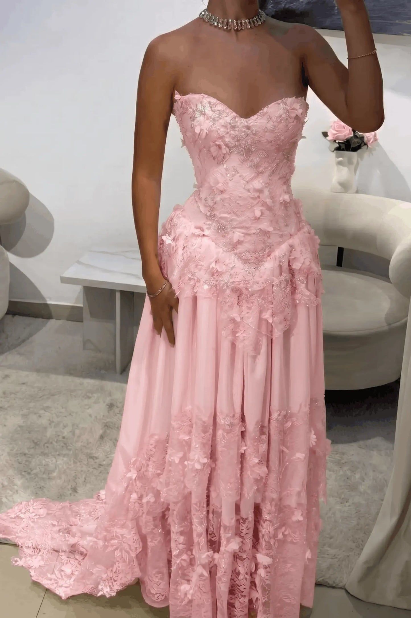 Dreamy Yellow 3D Floral Applique Sweetheart Corset Prom Dress KAIDRESS