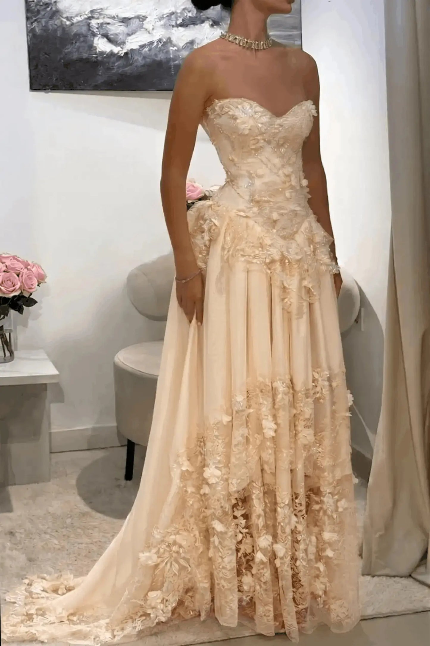 Dreamy Yellow 3D Floral Applique Sweetheart Corset Prom Dress KAIDRESS