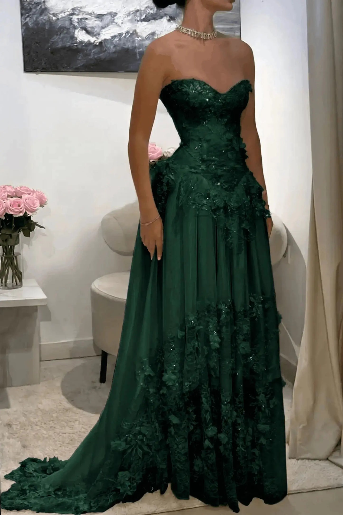 Dreamy Yellow 3D Floral Applique Sweetheart Corset Prom Dress KAIDRESS