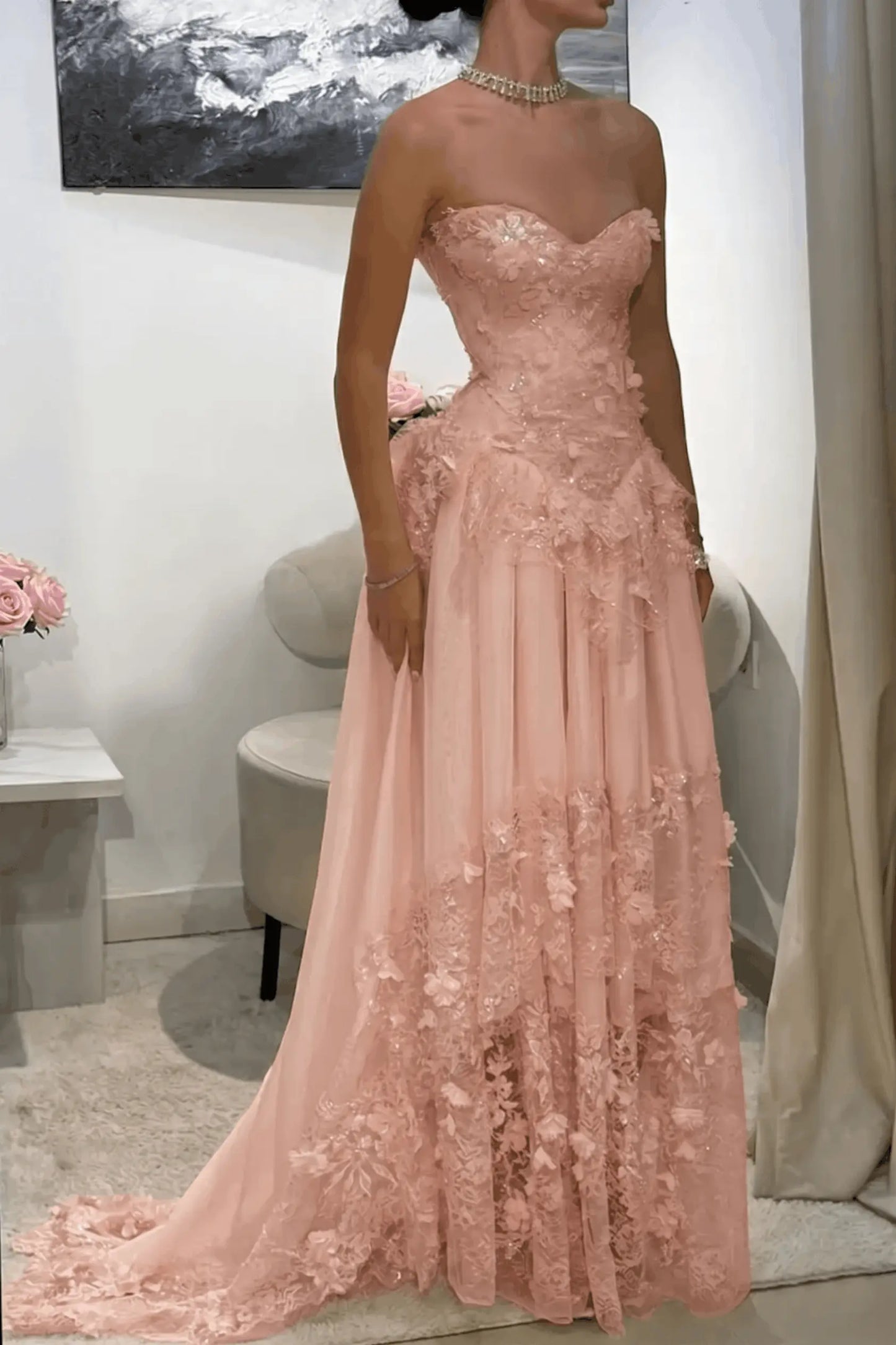 Dreamy Yellow 3D Floral Applique Sweetheart Corset Prom Dress KAIDRESS