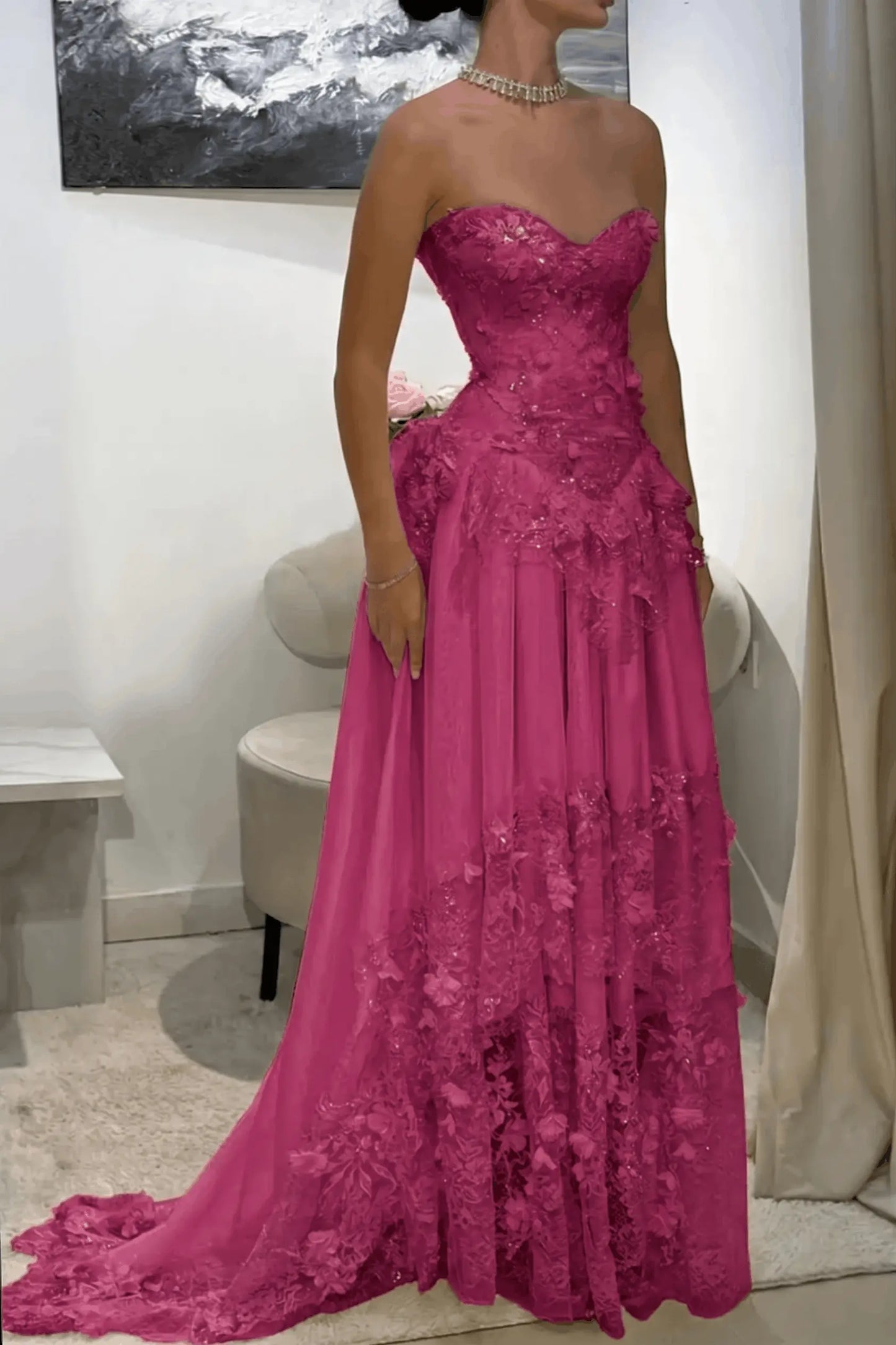 Dreamy Yellow 3D Floral Applique Sweetheart Corset Prom Dress KAIDRESS