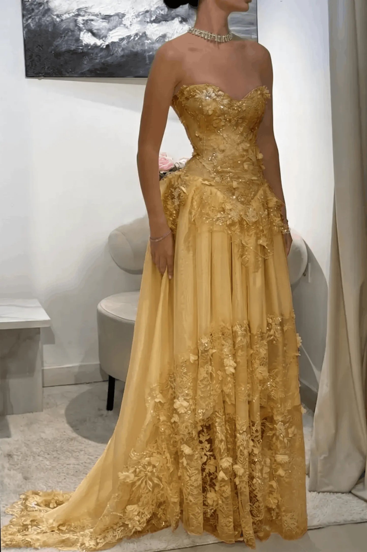 Dreamy Yellow 3D Floral Applique Sweetheart Corset Prom Dress KAIDRESS