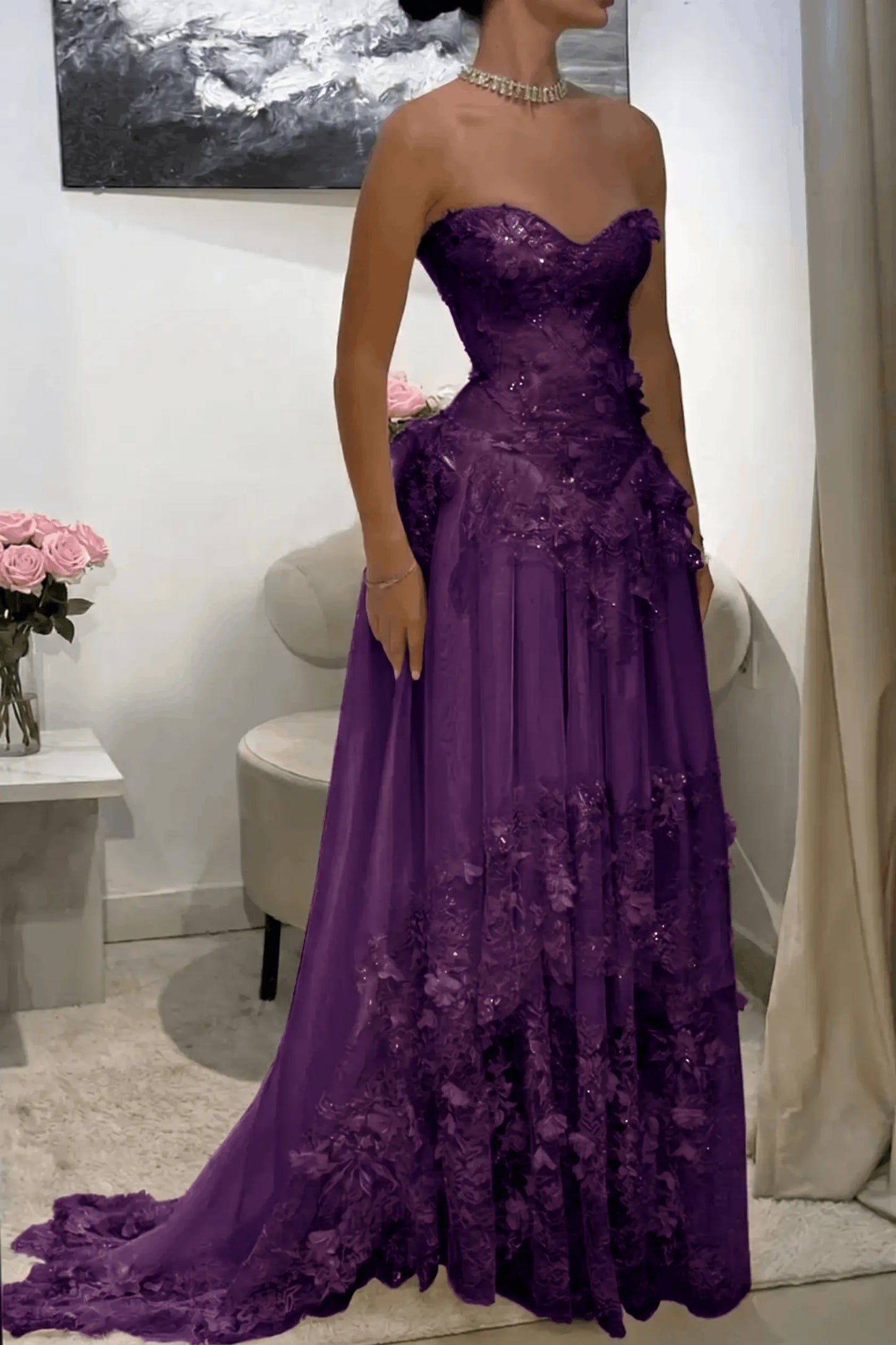 Dreamy Yellow 3D Floral Applique Sweetheart Corset Prom Dress KAIDRESS