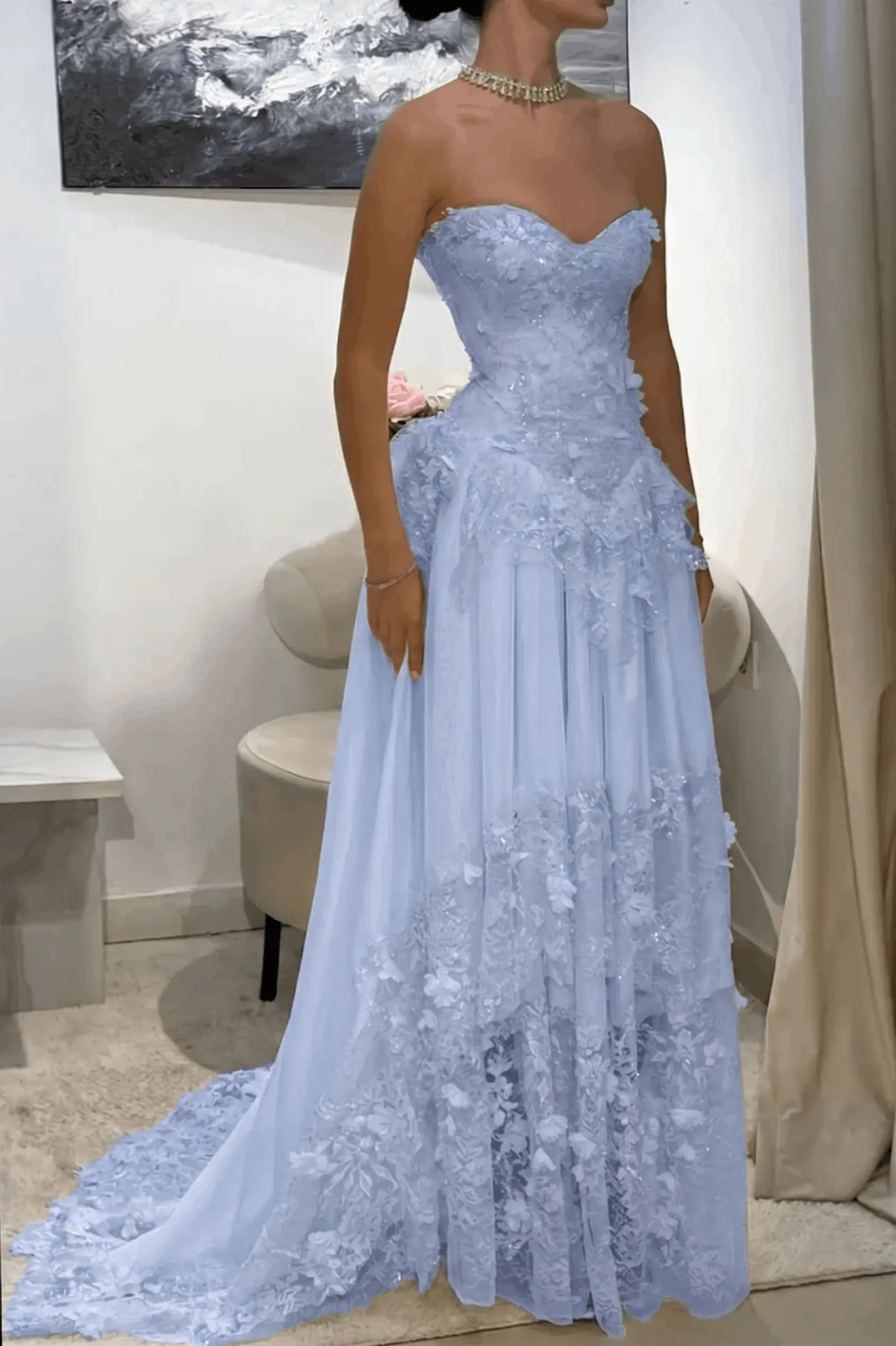 Dreamy Yellow 3D Floral Applique Sweetheart Corset Prom Dress KAIDRESS
