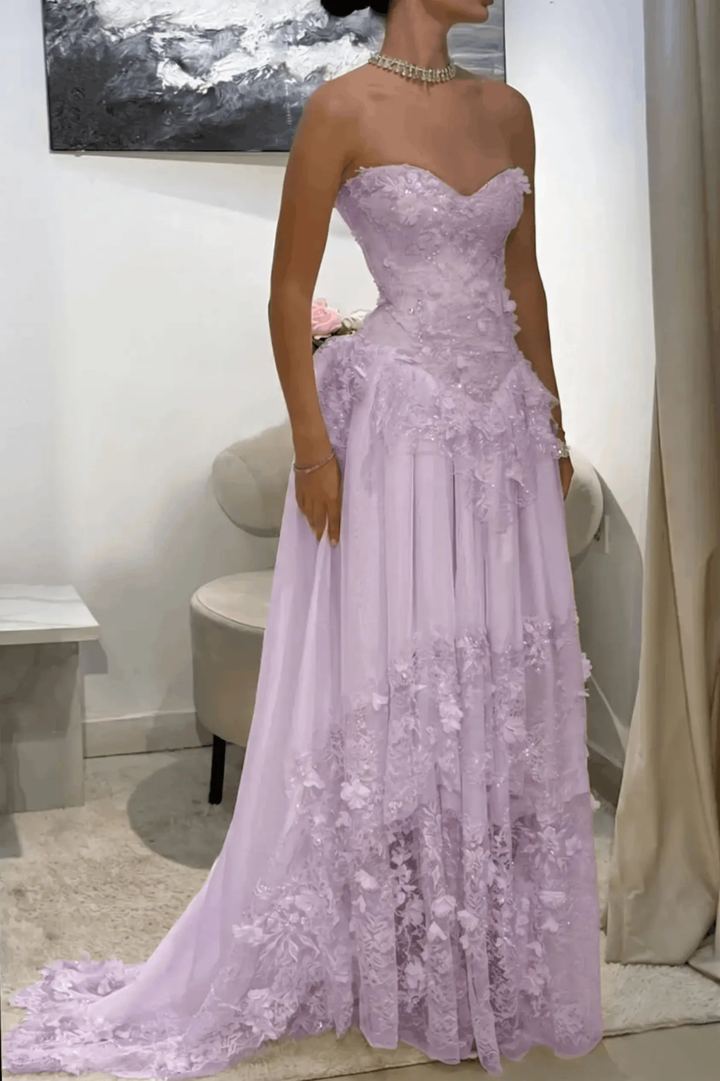 Dreamy Yellow 3D Floral Applique Sweetheart Corset Prom Dress KAIDRESS