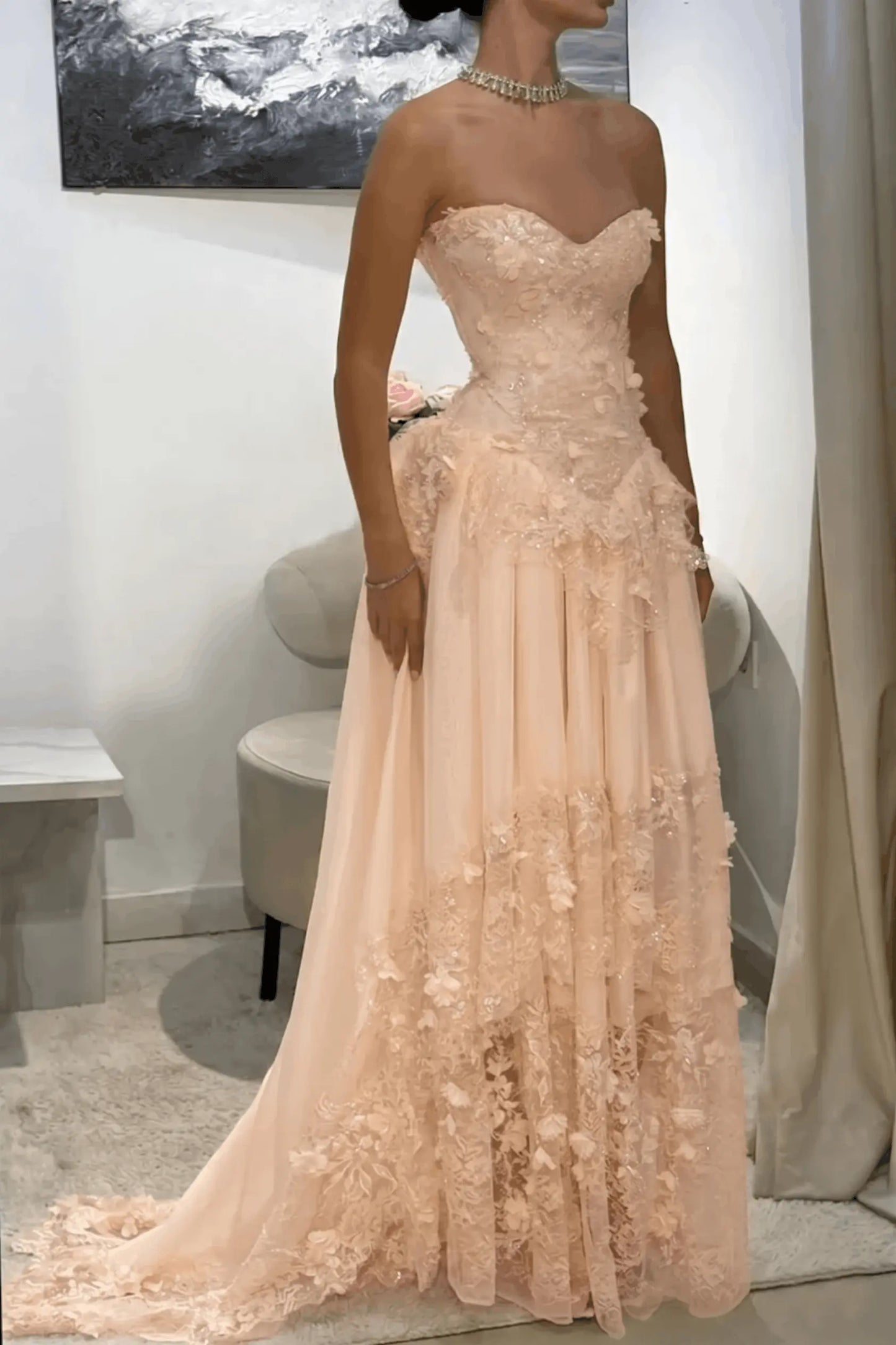 Dreamy Yellow 3D Floral Applique Sweetheart Corset Prom Dress KAIDRESS