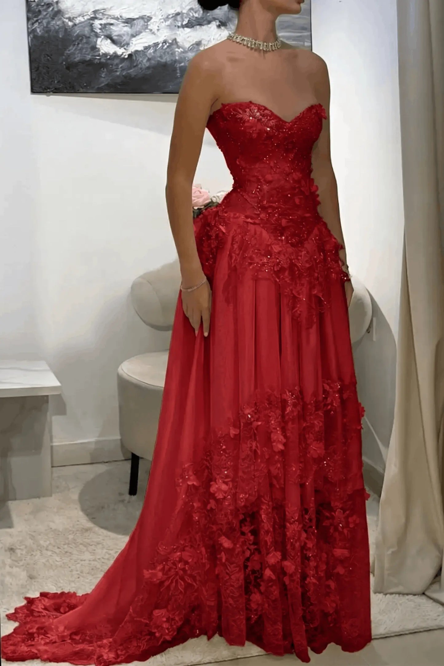 Dreamy Yellow 3D Floral Applique Sweetheart Corset Prom Dress KAIDRESS