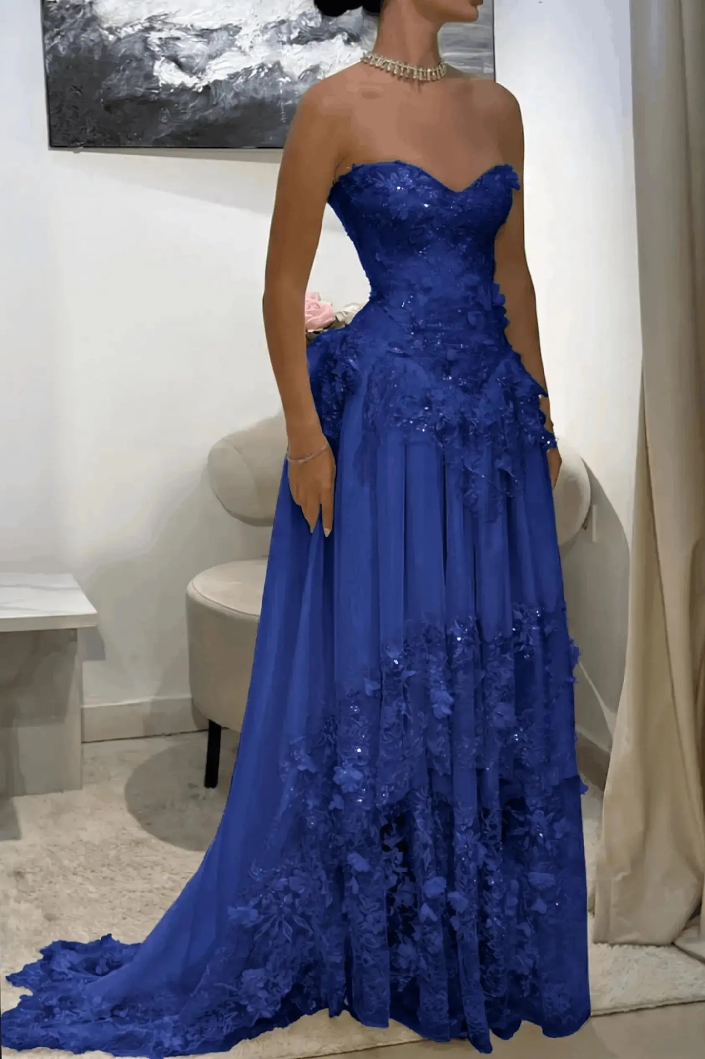 Dreamy Yellow 3D Floral Applique Sweetheart Corset Prom Dress KAIDRESS