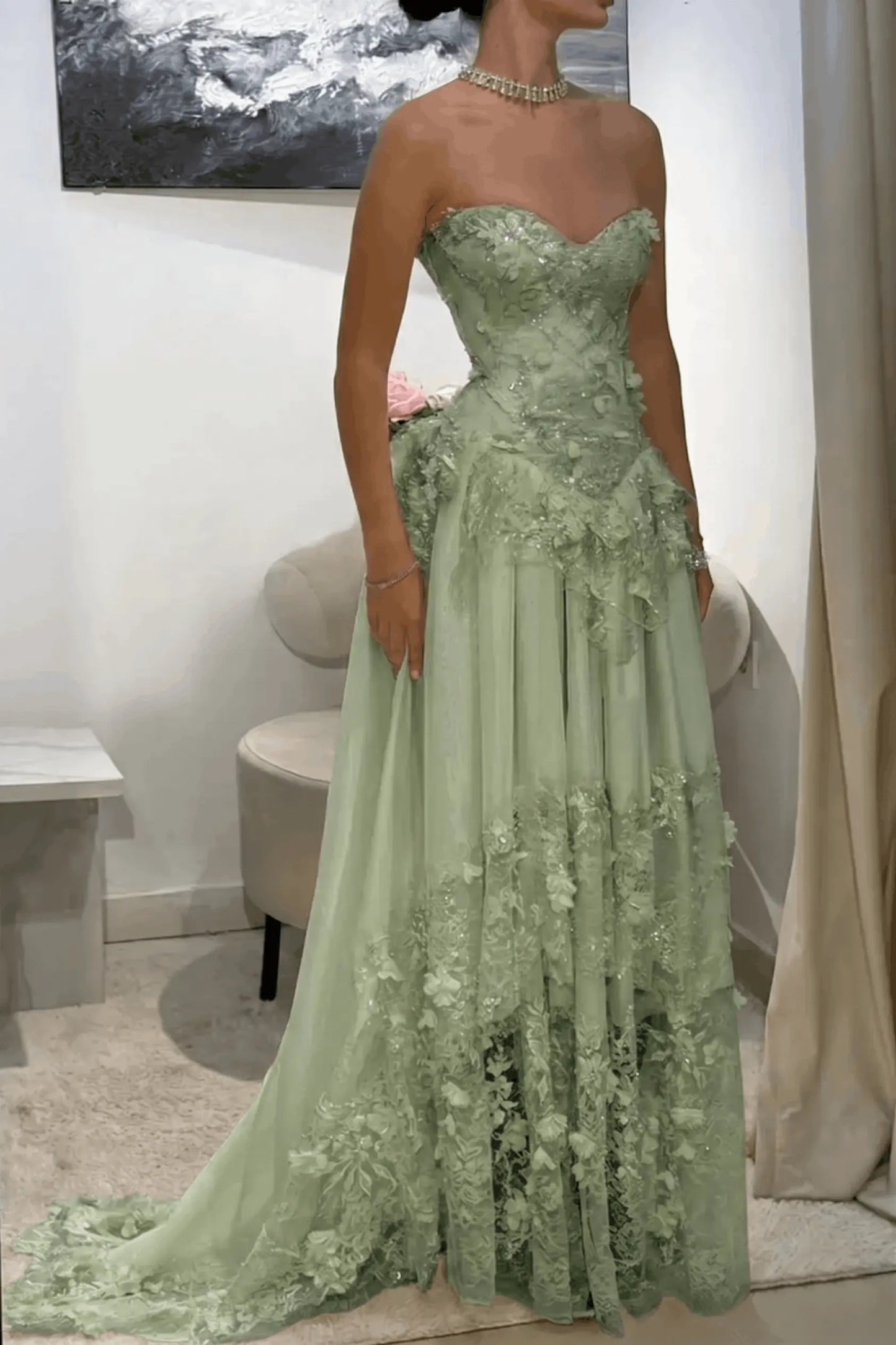 Dreamy Yellow 3D Floral Applique Sweetheart Corset Prom Dress KAIDRESS