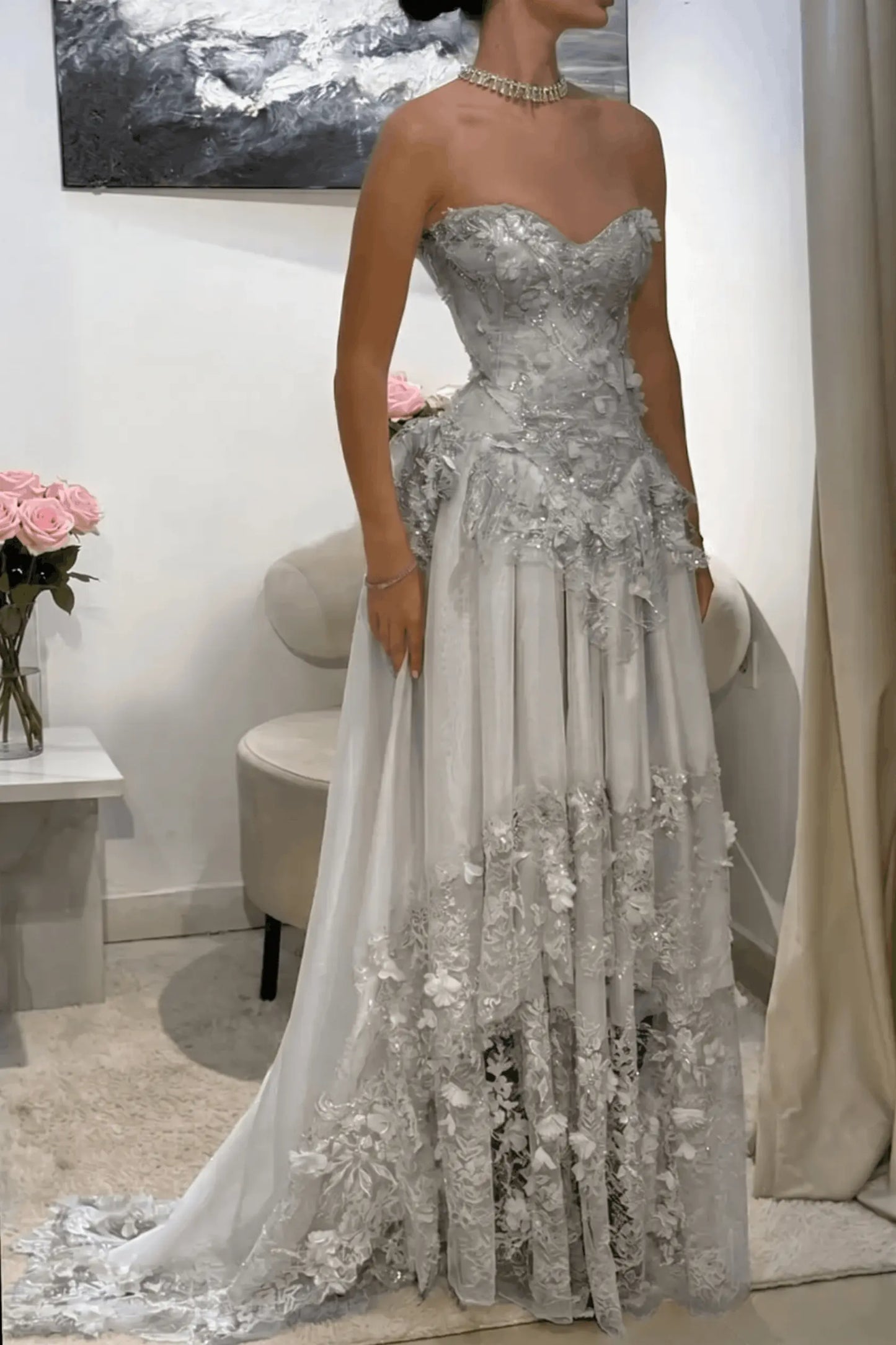 Dreamy Yellow 3D Floral Applique Sweetheart Corset Prom Dress KAIDRESS