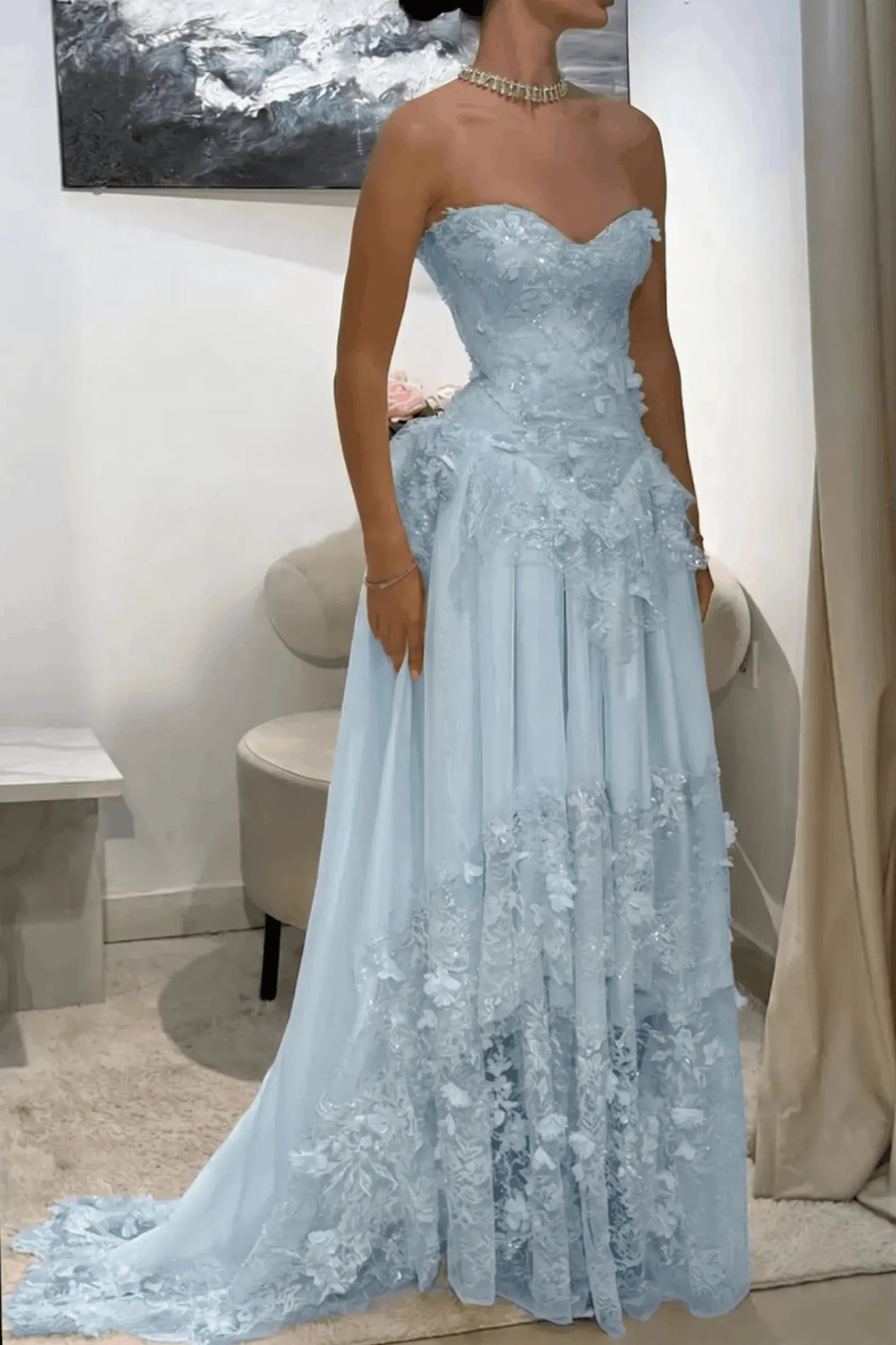 Dreamy Yellow 3D Floral Applique Sweetheart Corset Prom Dress KAIDRESS