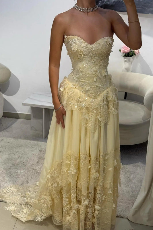 Dreamy Yellow 3D Floral Applique Sweetheart Corset Prom Dress KAIDRESS