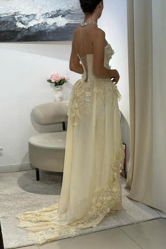 Dreamy Yellow 3D Floral Applique Sweetheart Corset Prom Dress KAIDRESS