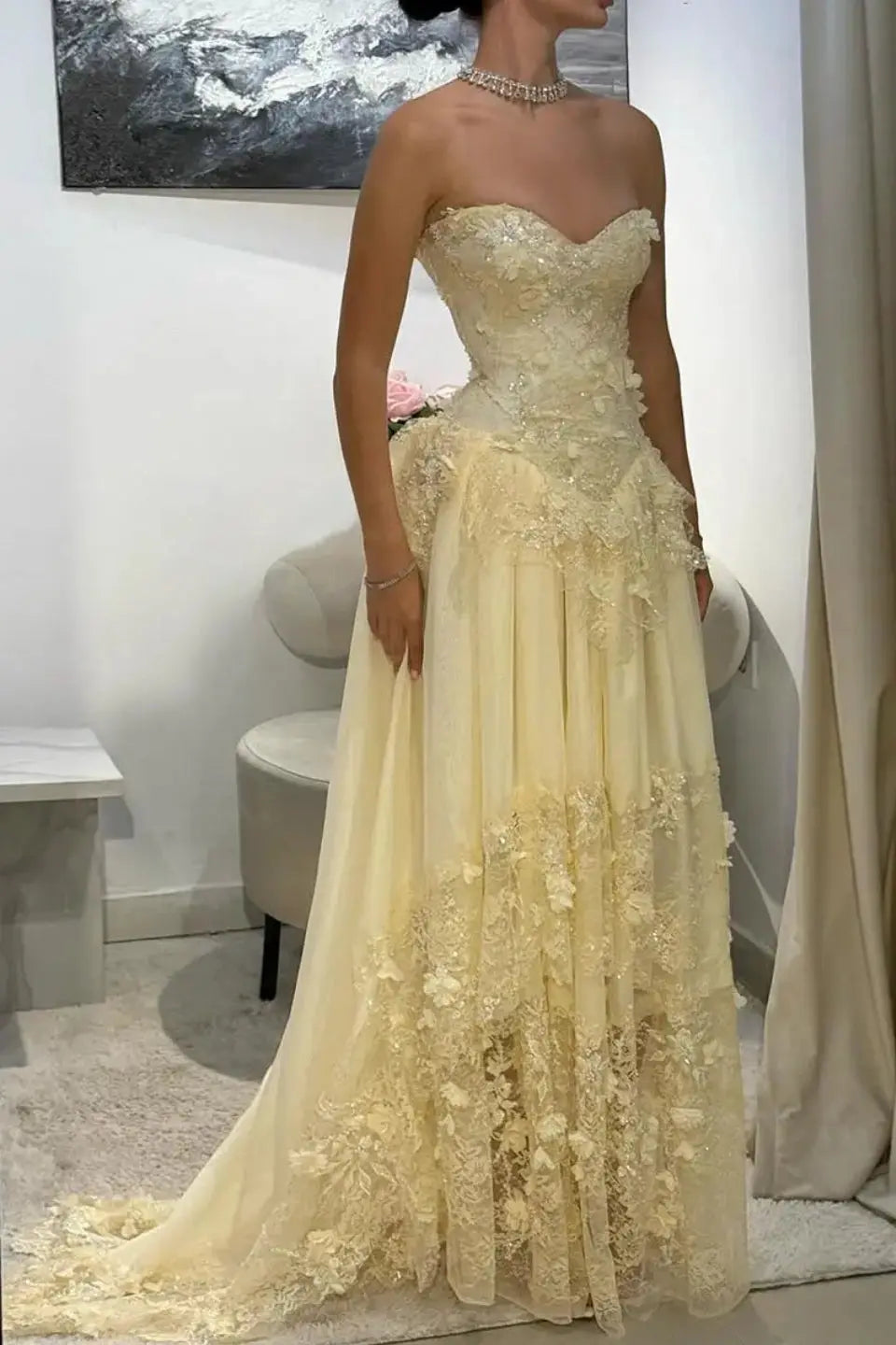 Dreamy Yellow 3D Floral Applique Sweetheart Corset Prom Dress KAIDRESS