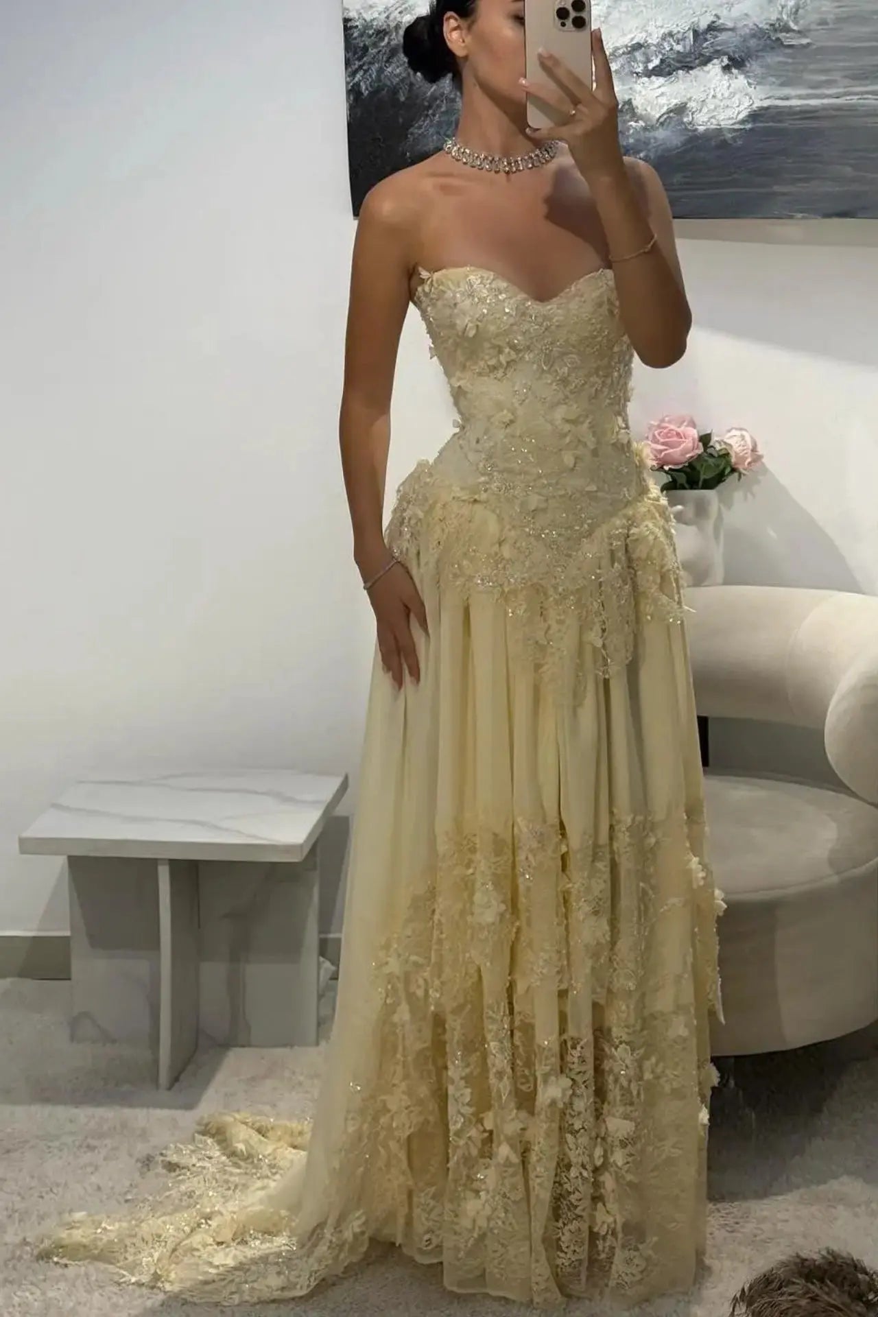 Dreamy Yellow 3D Floral Applique Sweetheart Corset Prom Dress KAIDRESS