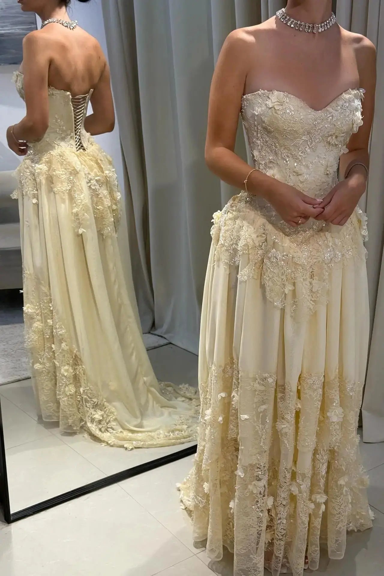 Dreamy Yellow 3D Floral Applique Sweetheart Corset Prom Dress KAIDRESS