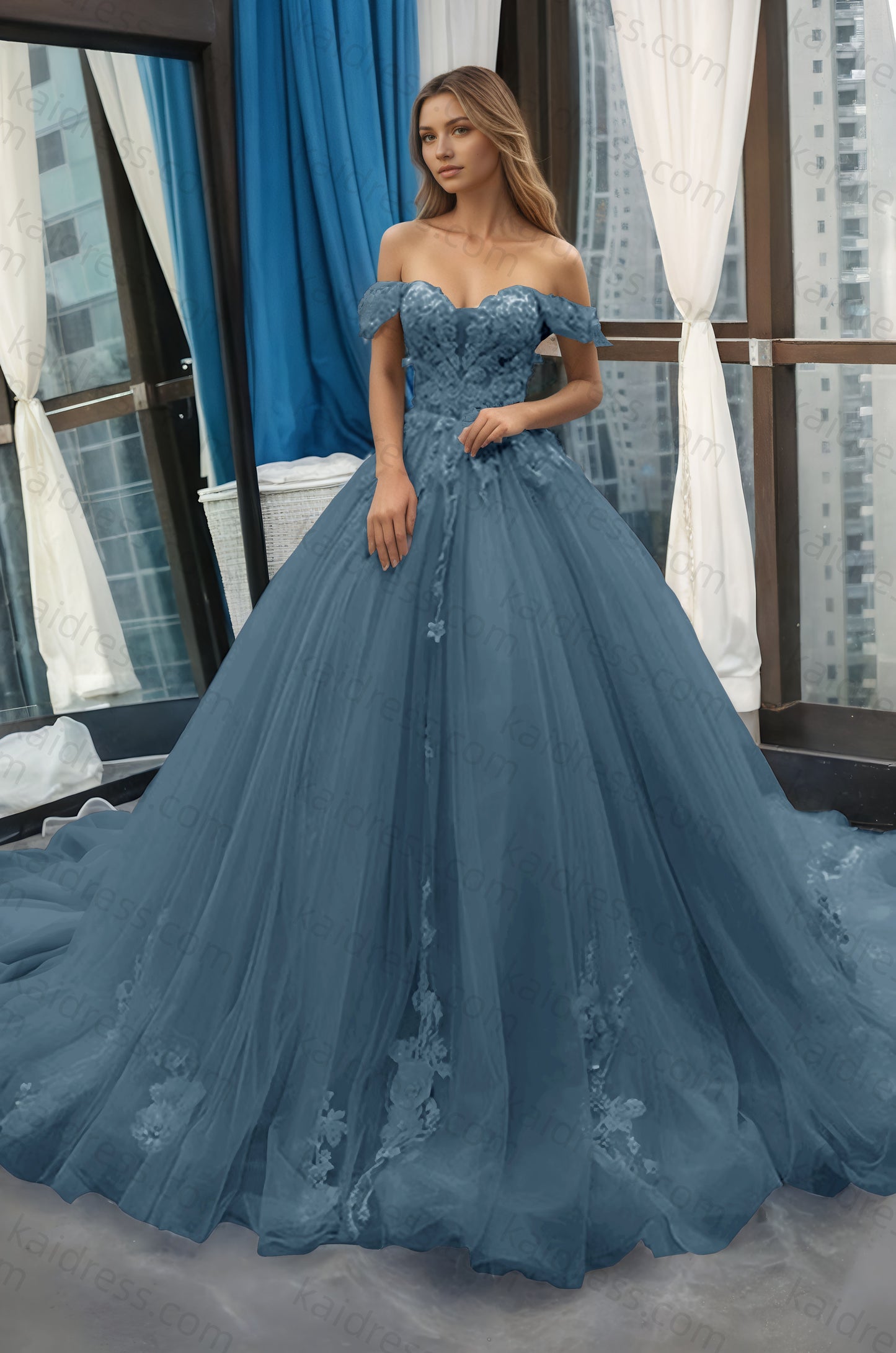A-Line Off the Shoulder Tulle Applique Long Quinceañera Dresses Blue Formal Prom Dress