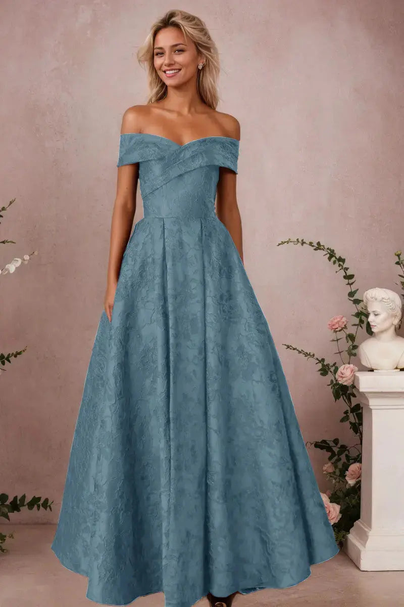 A-Line Off Shoulder Satin Burgundy Long Prom Dress Floral Jacquard Formal Ball Gowns - KAIDRESS