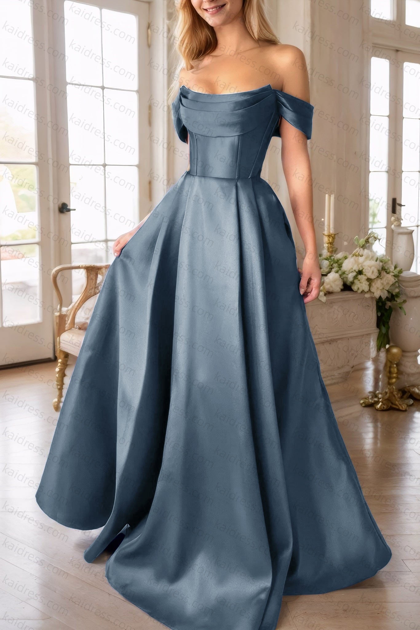 A-Line Satin Long Prom Dress, Simple Off the Shoulder Evening Party Dress With Pockets
