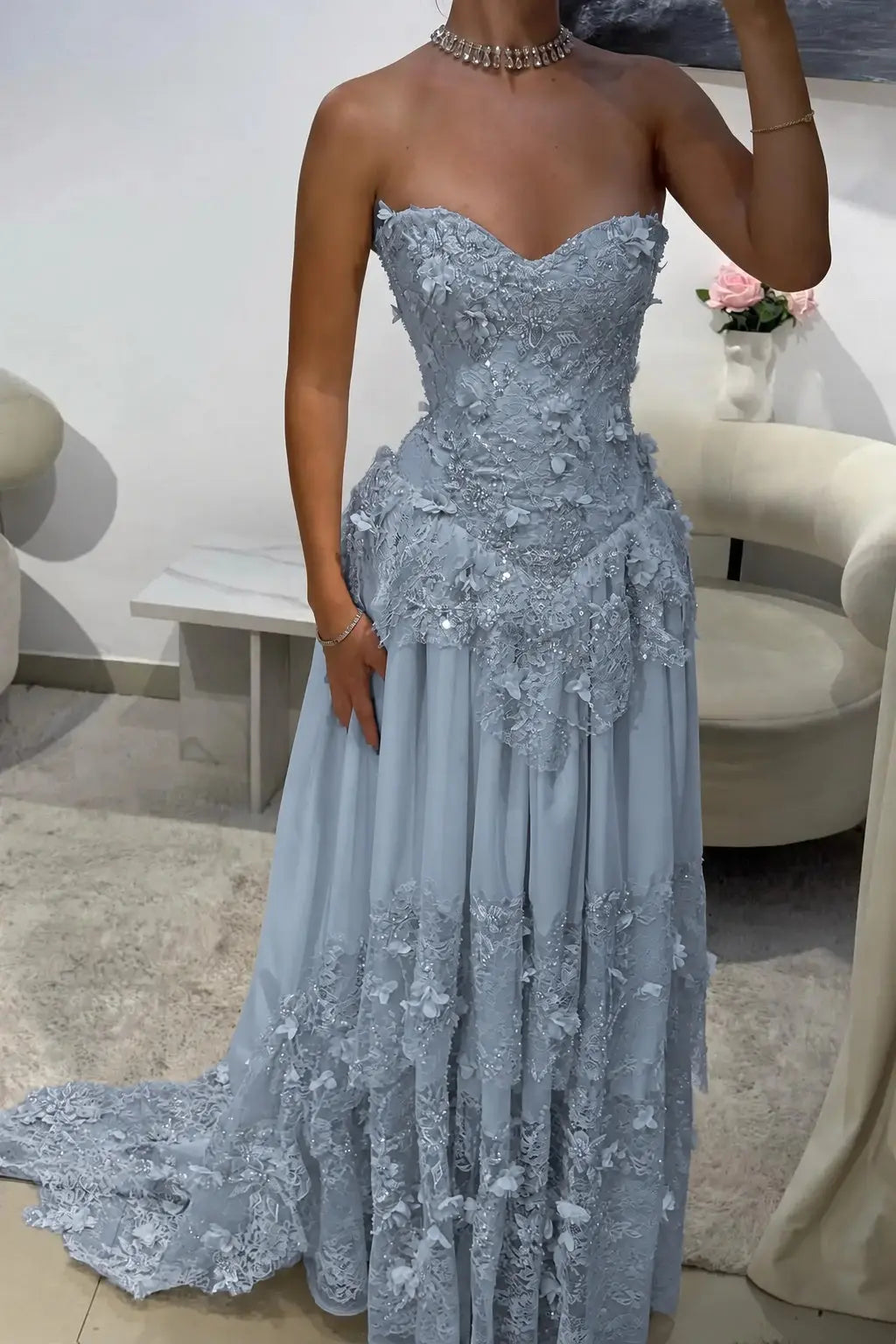 Dreamy Yellow 3D Floral Applique Sweetheart Corset Prom Dress