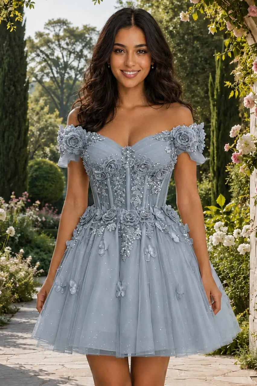 A-line Off-the-Shoulder Tulle Short/Mini Homecoming Dress with Appliqued Flowers Sequins KAIDRESS