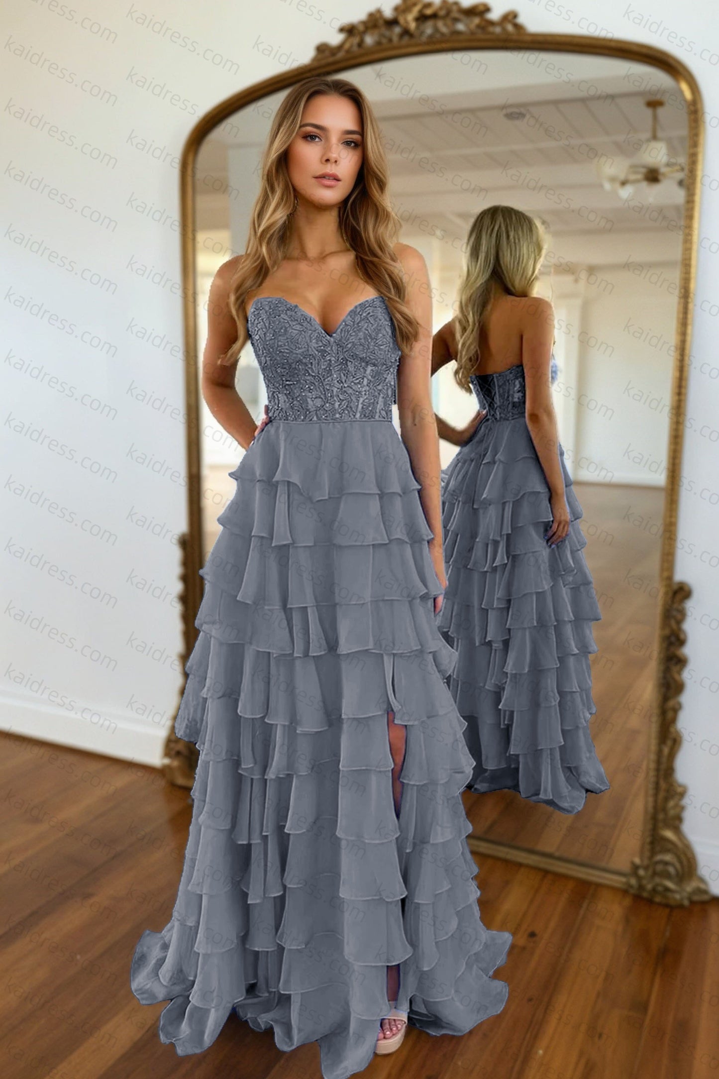 A-line/Princess Chiffon Fuchsia Sweetheart Tiered Ruffles Prom Dress with Slit Applique
