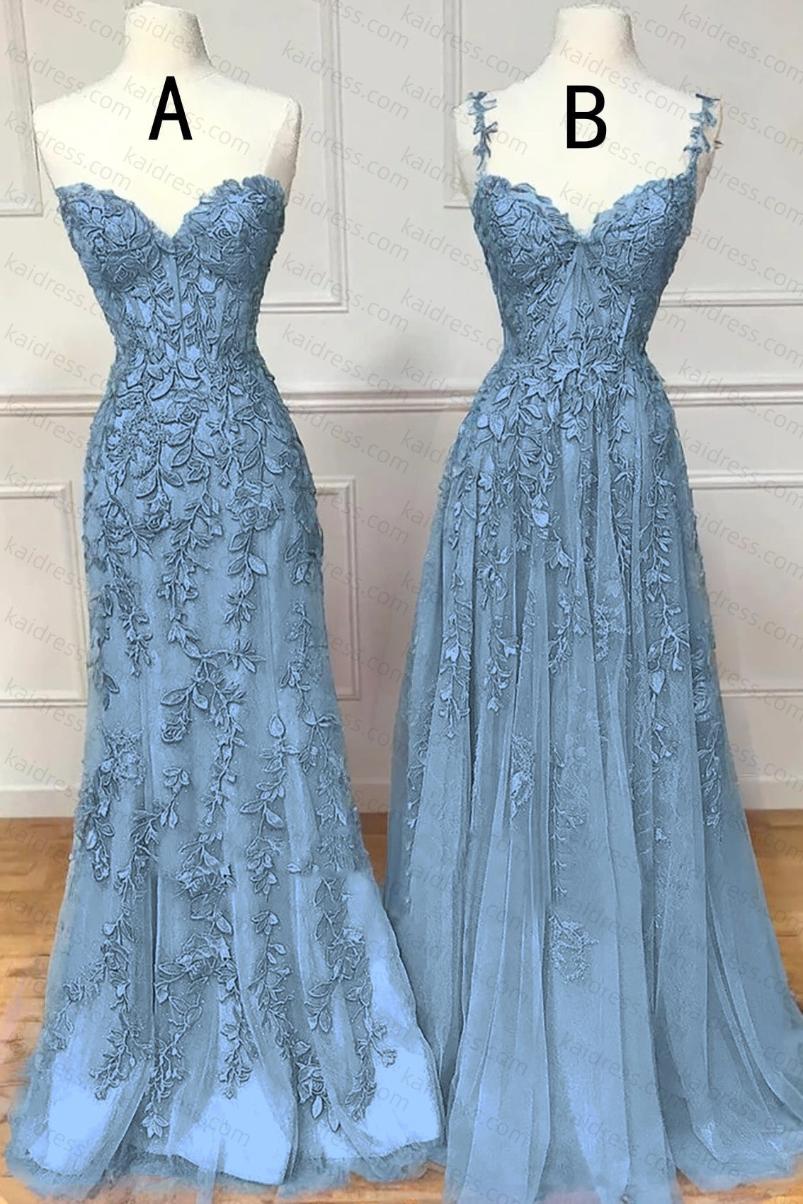 A-line Sweetheart Spaghetti Straps Sweep Train Lace Prom Dress With Beading