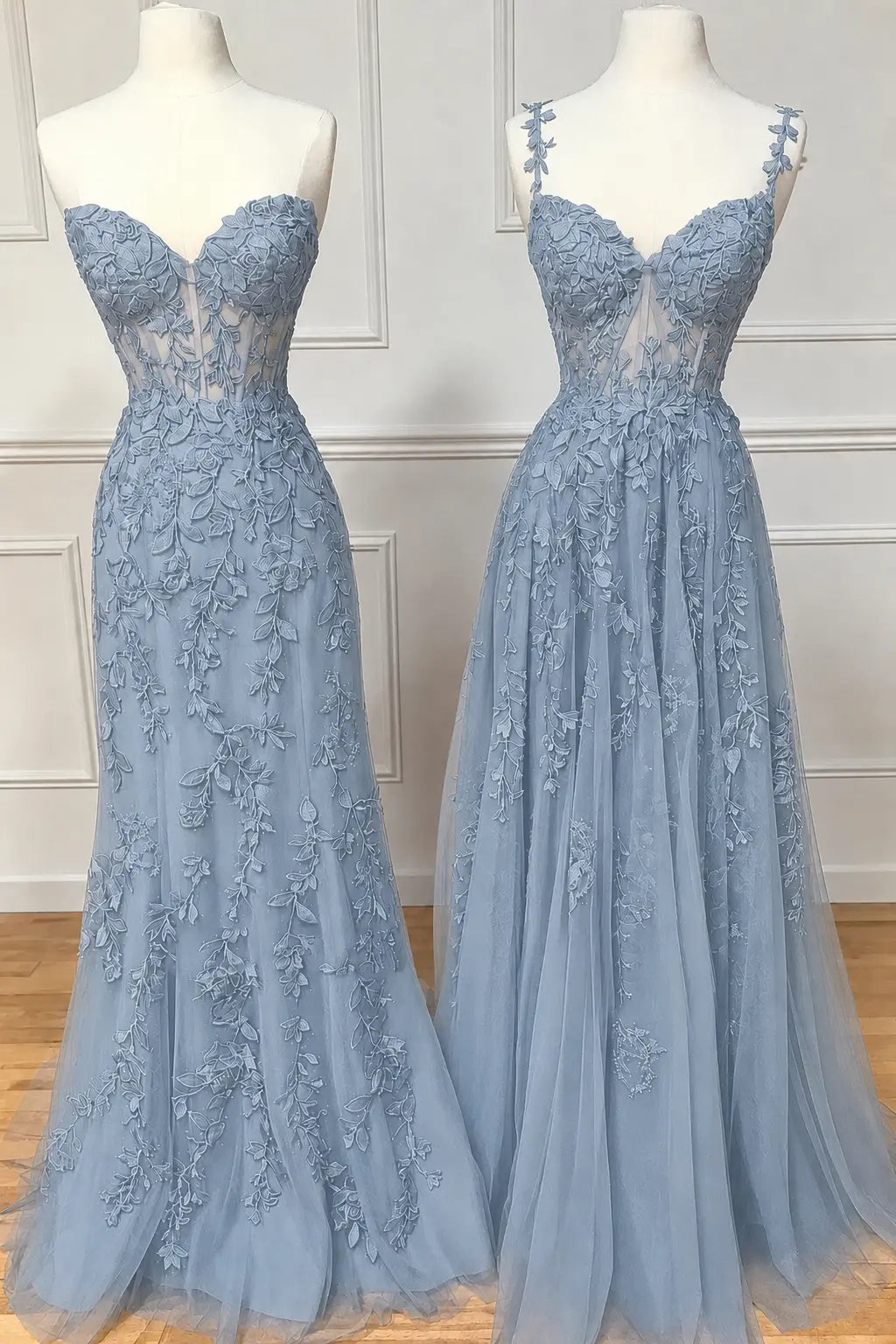 A-line Sweetheart Spaghetti Straps Sweep Train Lace Prom Dress With Beading Kaidress