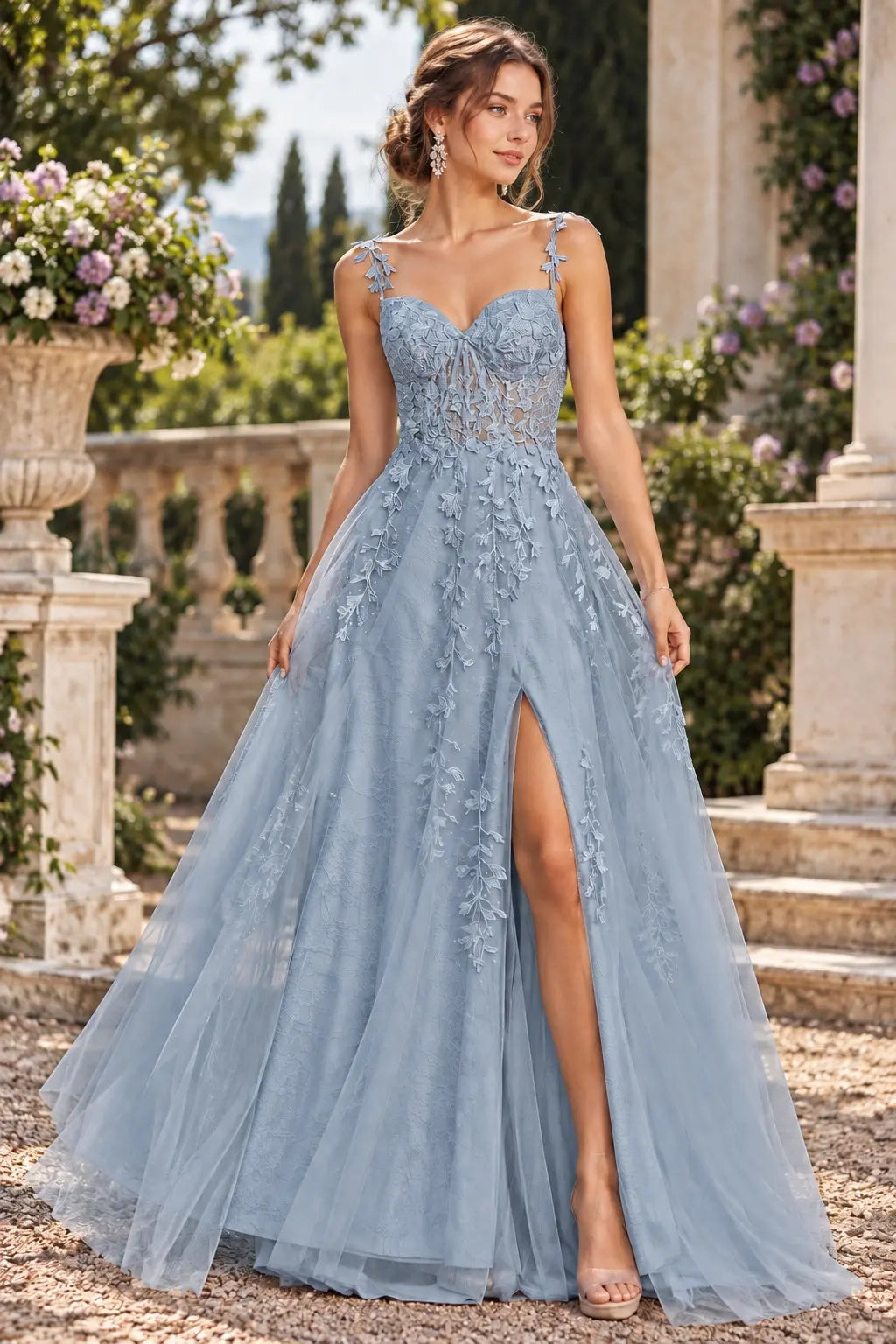 A-line V Neck Sweep Spaghetti Straps Train Tulle Prom Dress with Appliqued Beading