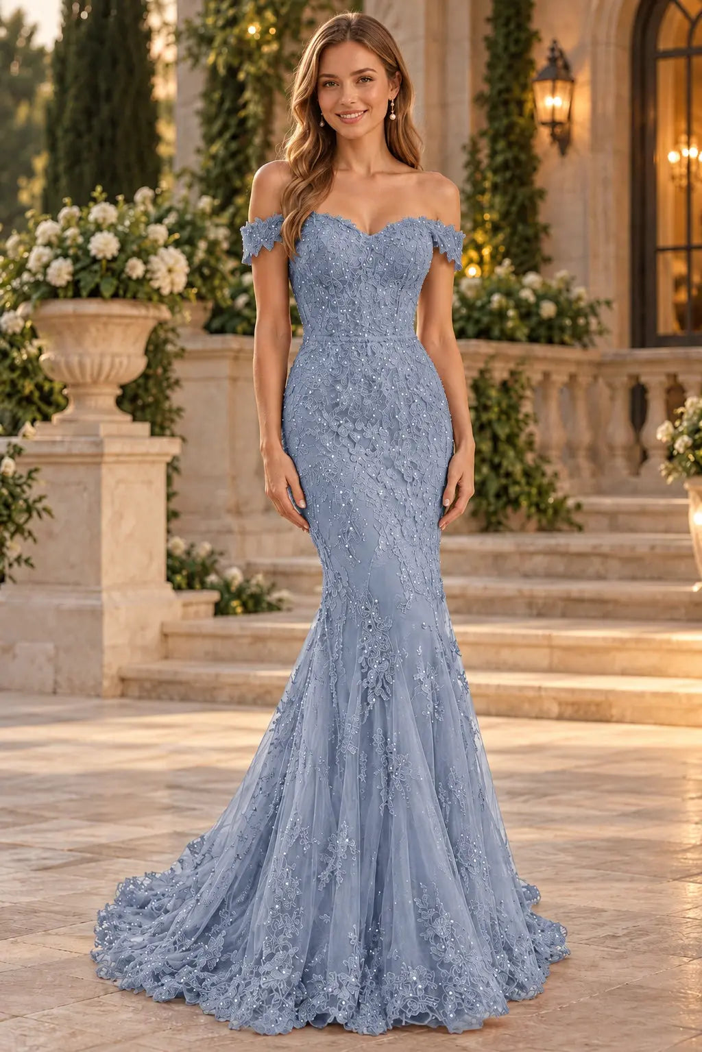 Lace Long/Floor-Length Trumpet/Mermaid Sleeveless Off-The-Shoulder Zipper Prom Dresses With Appliqued Beaded